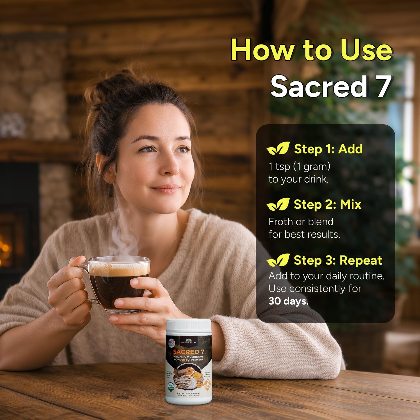 Naturealm Sacred 7 Organic Mushroom Powder Blend, Powder, 2.1 Ounce