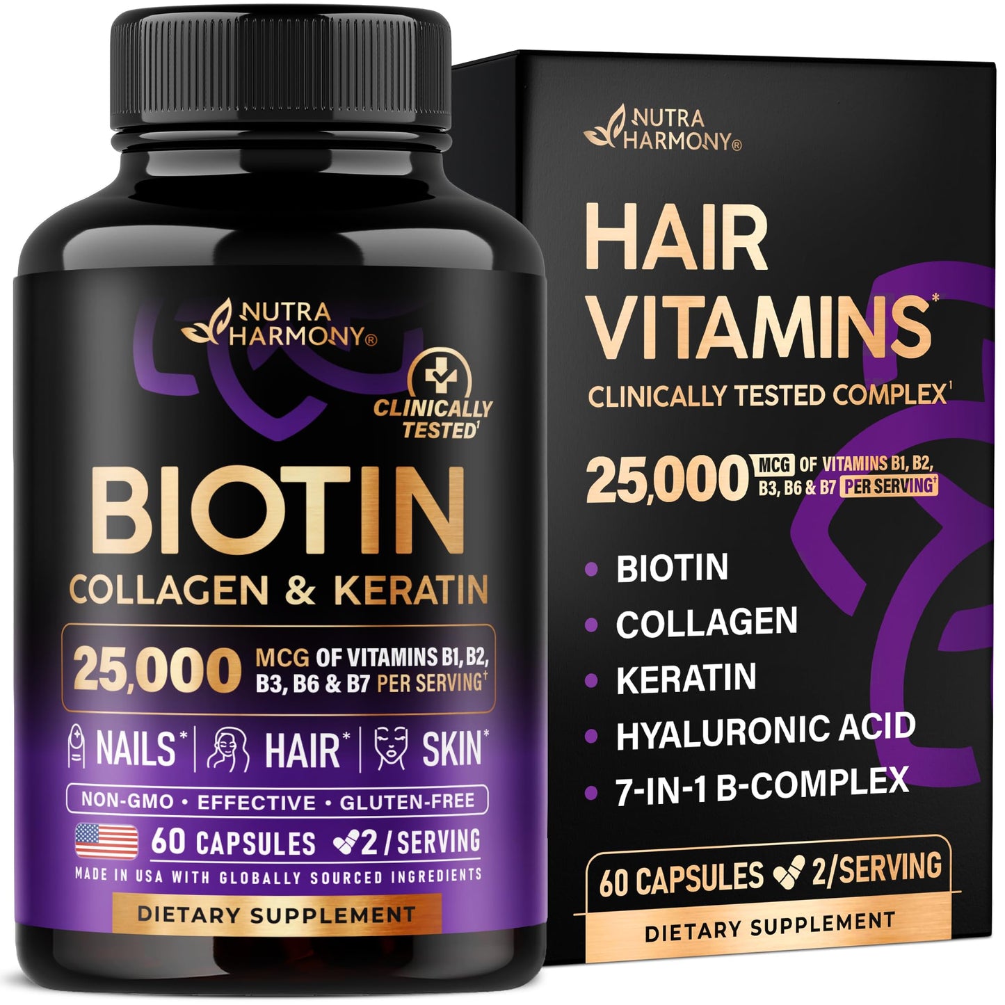 NUTRAHARMONY Biotin Collagen Hyaluronic Acid Keratin Capsules, 60 Count