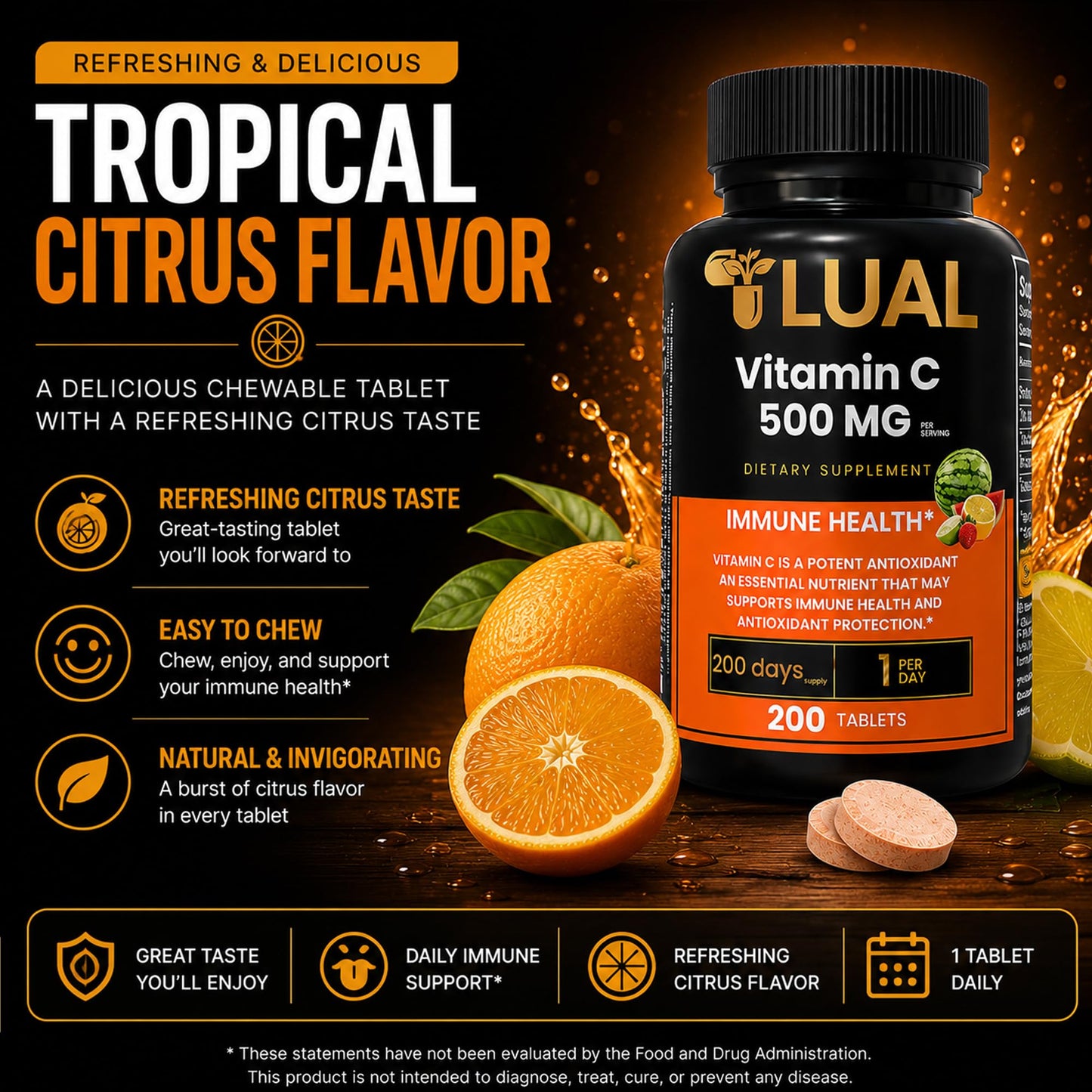 LUAL Vitamin C 500mg Chewable Tablets, 200 Count