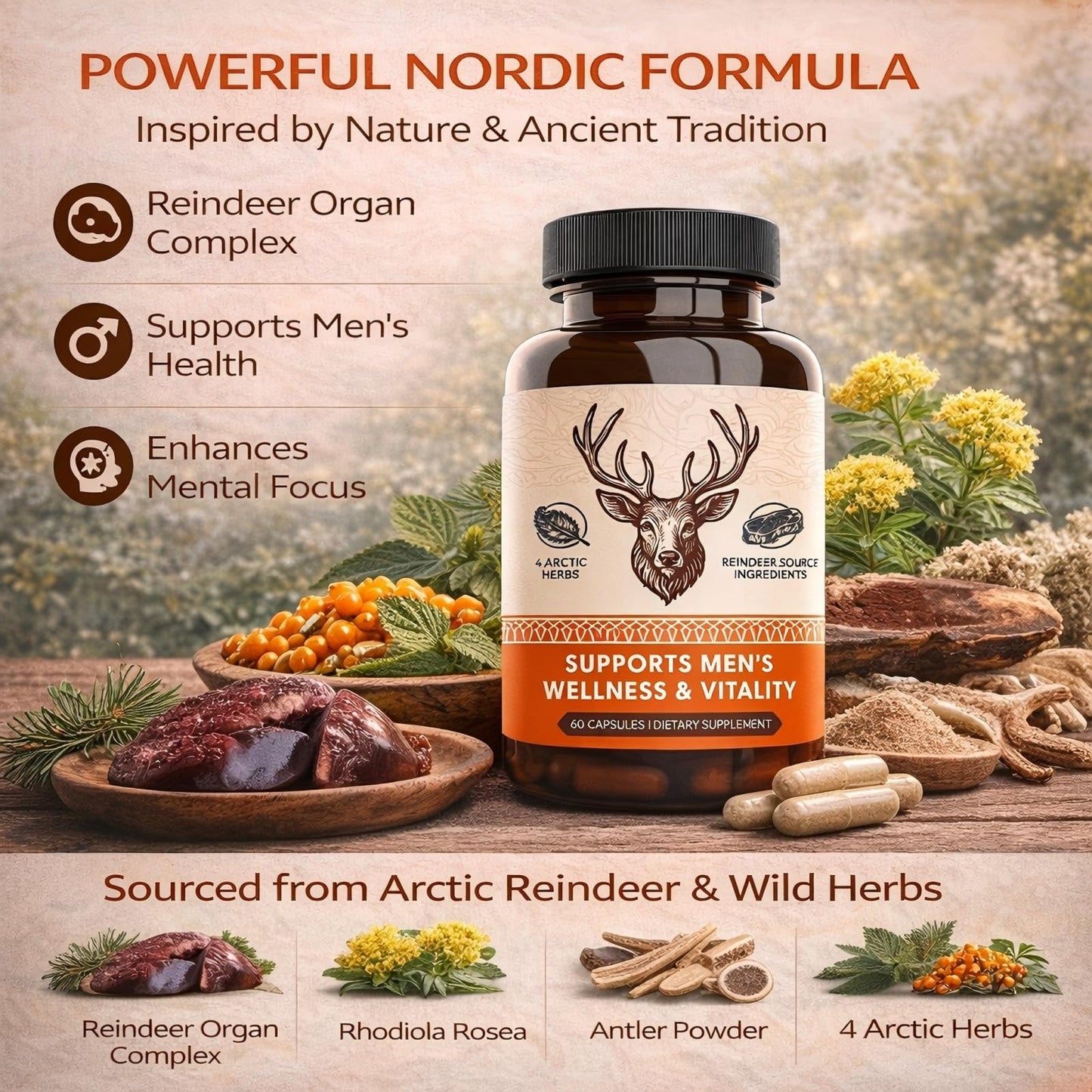 KUHSE Primal Viking Men's Overall Well-Being Supplement, 60 Capsules