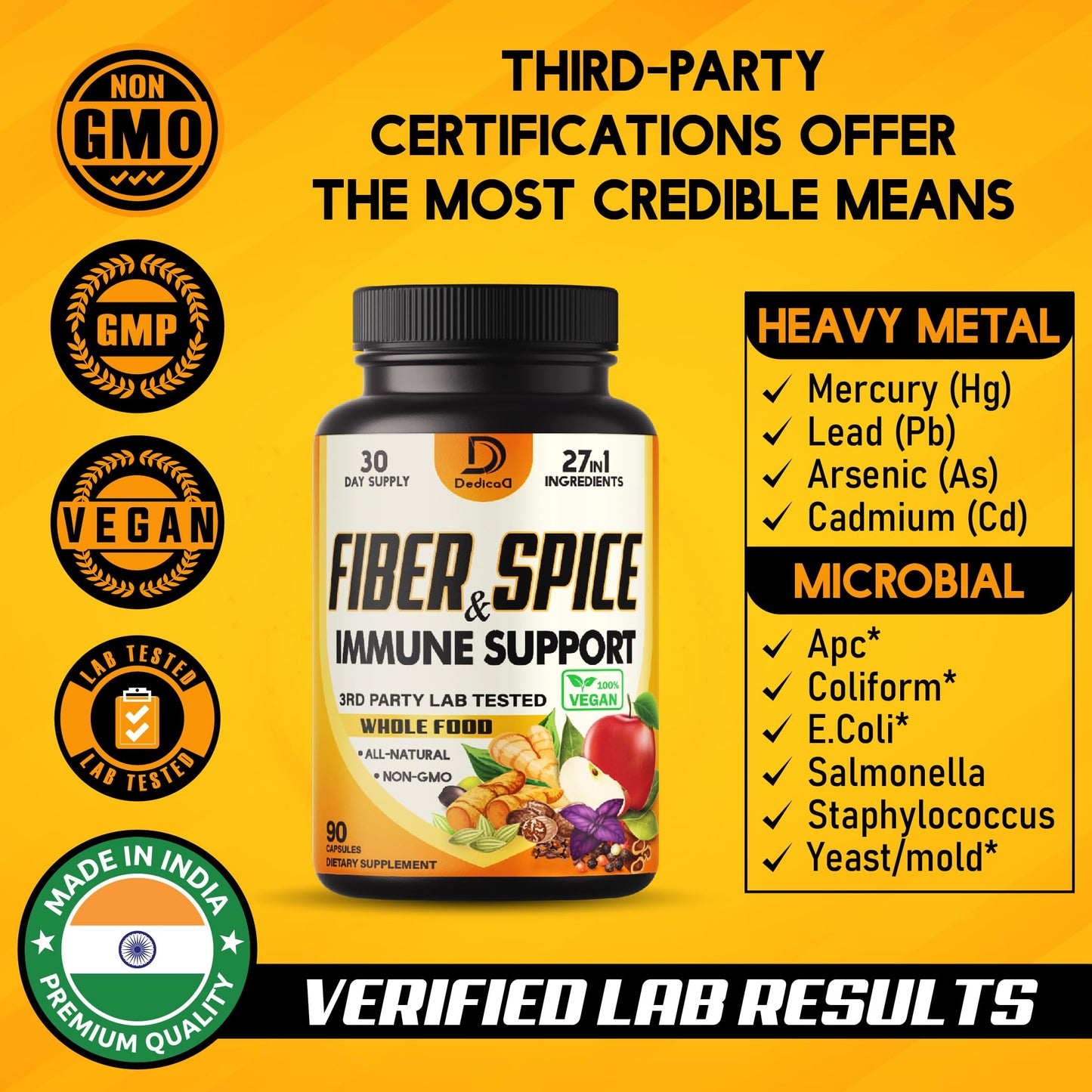DEDICAD 27in1 Fiber and Spice Supplement - Combined with Organic Psyllium, Whole Apple, Elderberry & More - Support Mood, Body & Immunity 90 Capsules