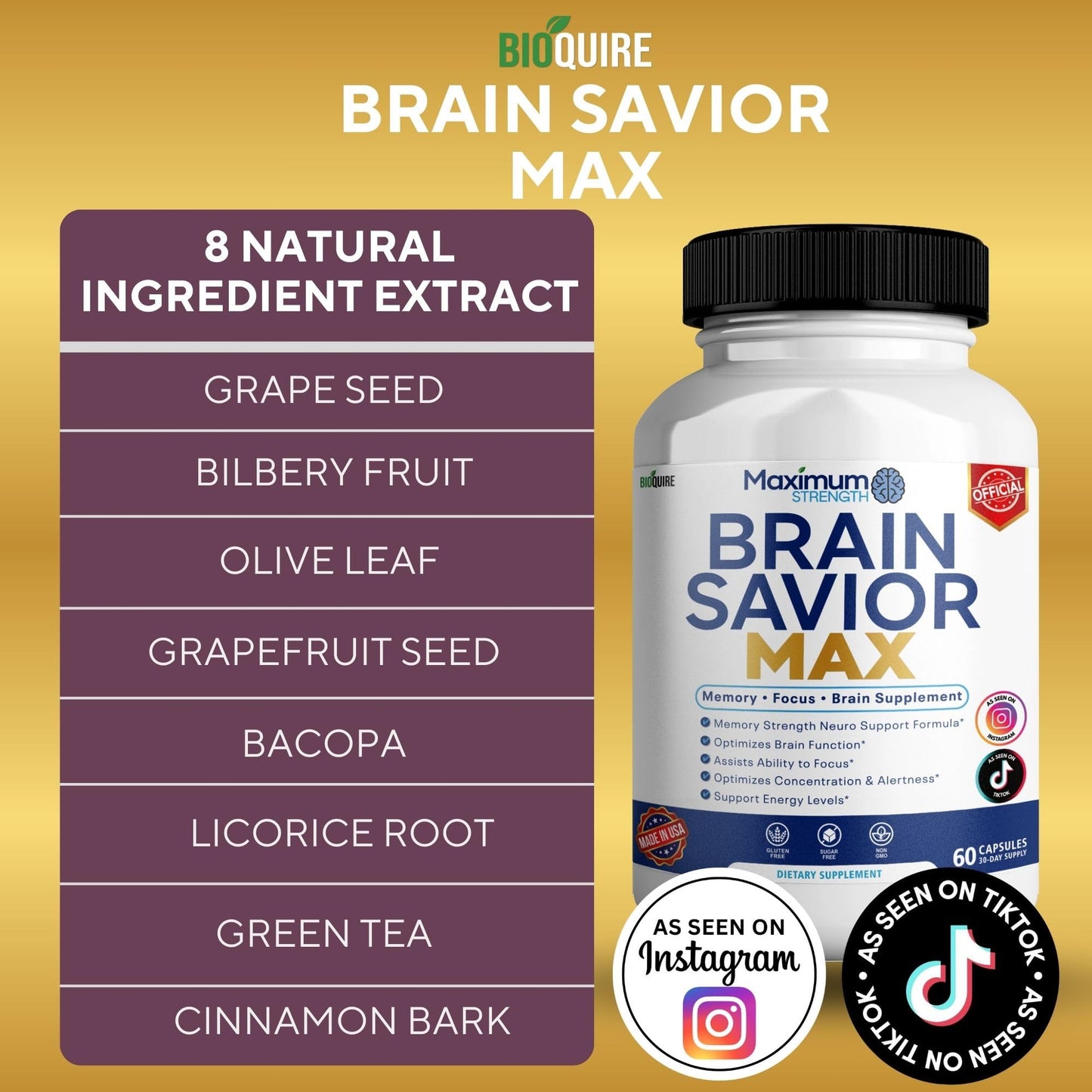 BIOQUIRE Brain Savior Max Memory Supplement, 60 Capsules