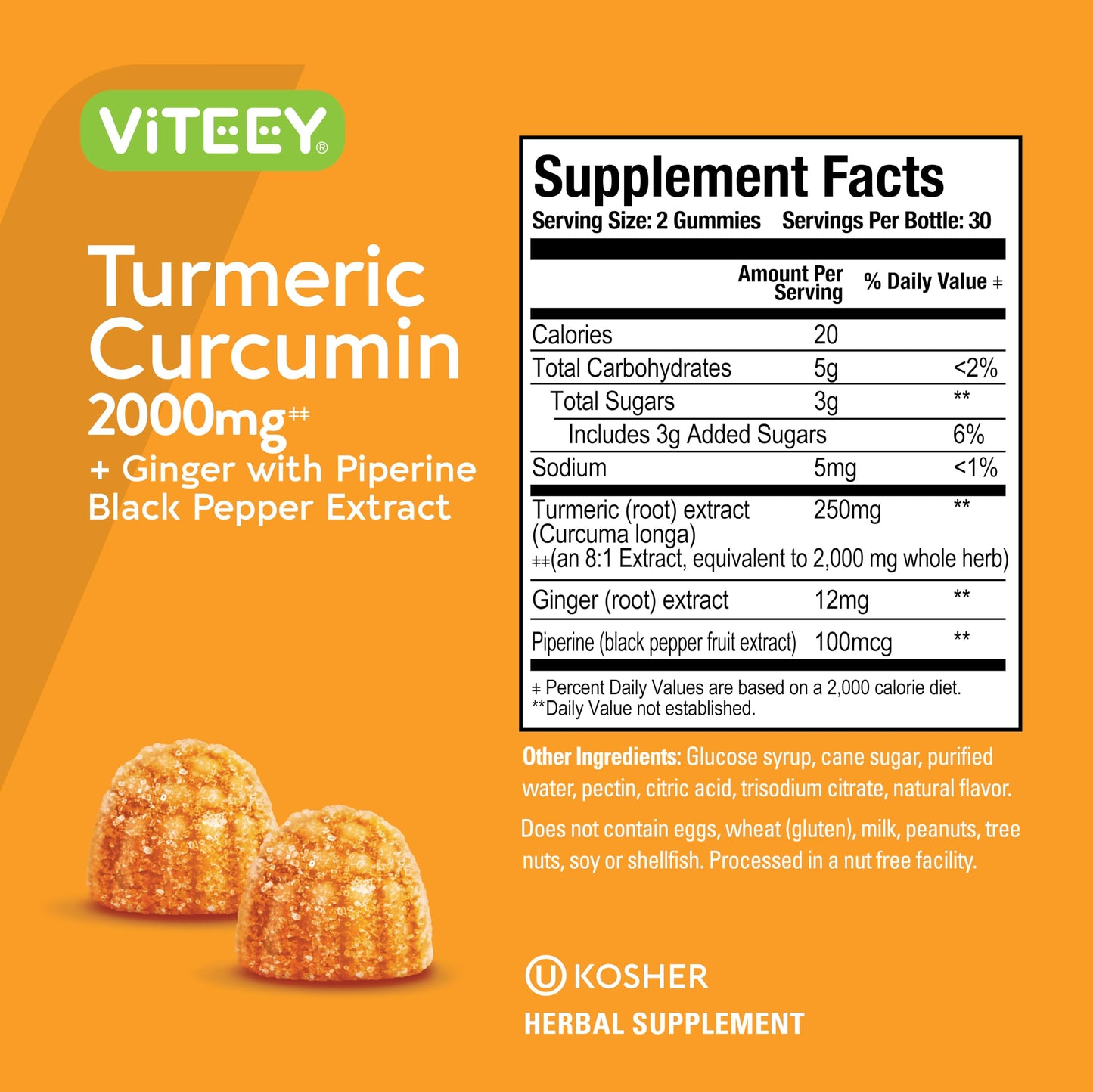 Viteey Turmeric Gummies with Turmeric Curcumin, Ginger & Black Pepper Extract, 120 Gummies