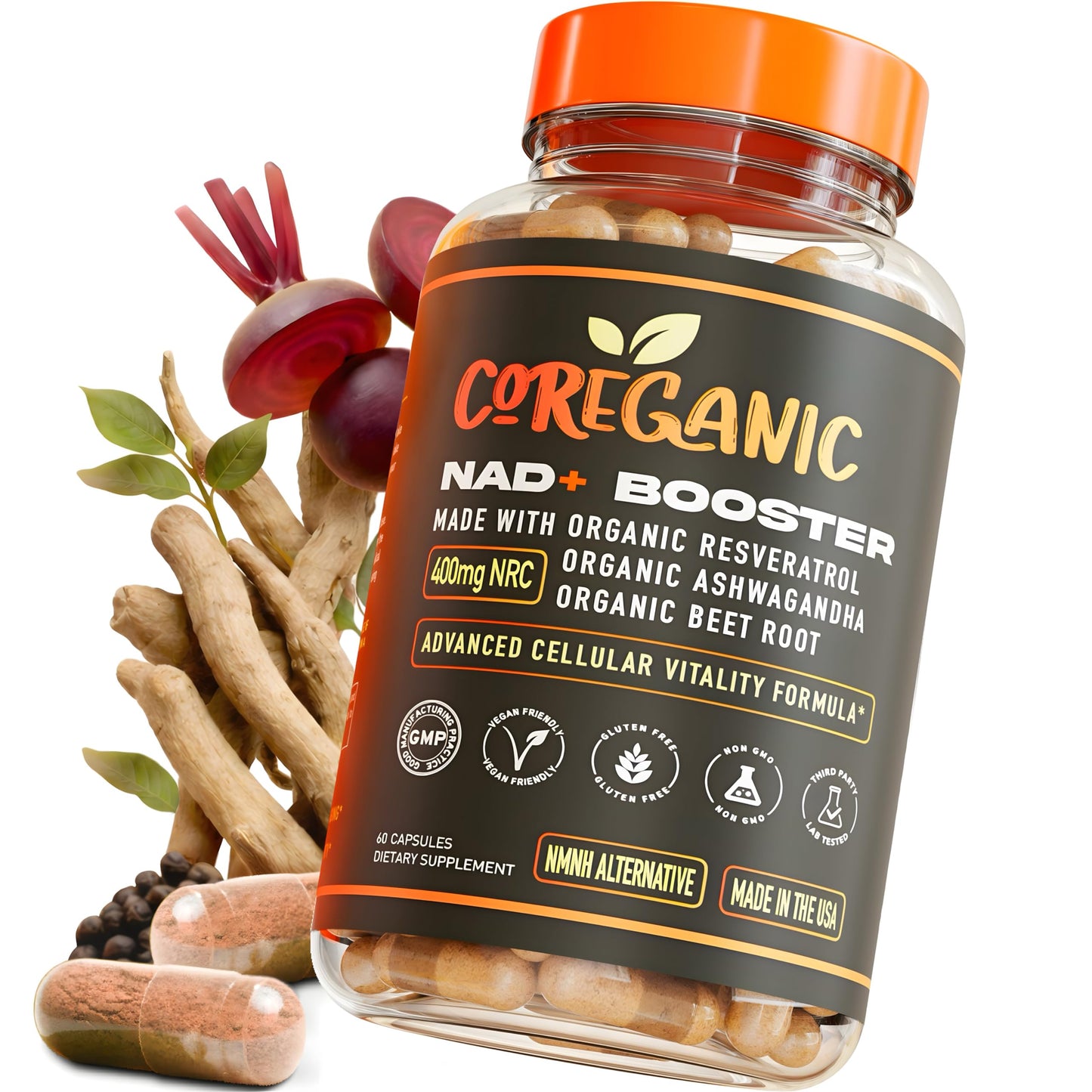 Coreganic Clean NAD+ Support – 400mg Nicotinamide Riboside (NR) with Organic Resveratrol, Ashwagandha & Beet Root – Daily Energy & Healthy Aging, 60 Vegan Capsules