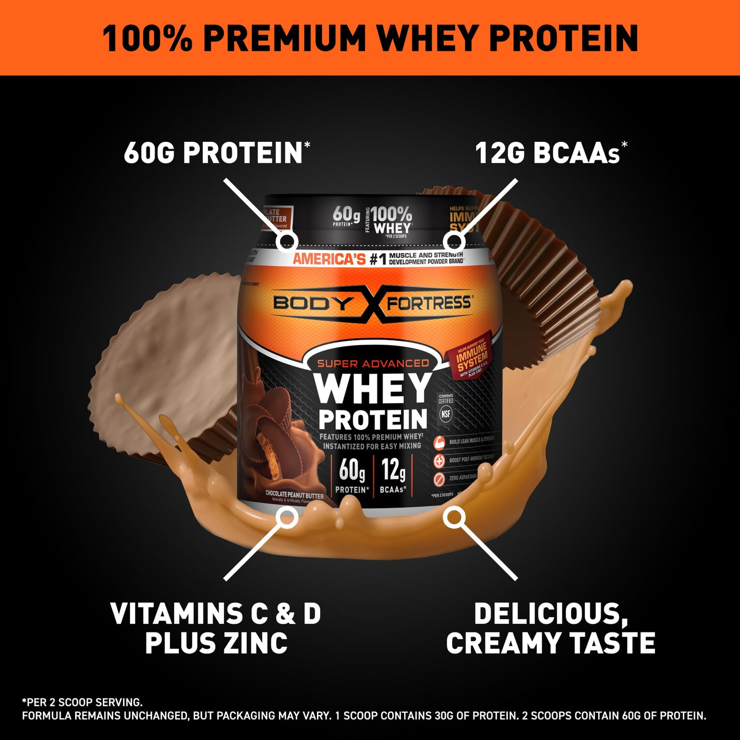 Body Fortress 100% Whey Premium Protein Powder, Chocolate Peanut Butter, 1.78 lb, 28.48 Servings