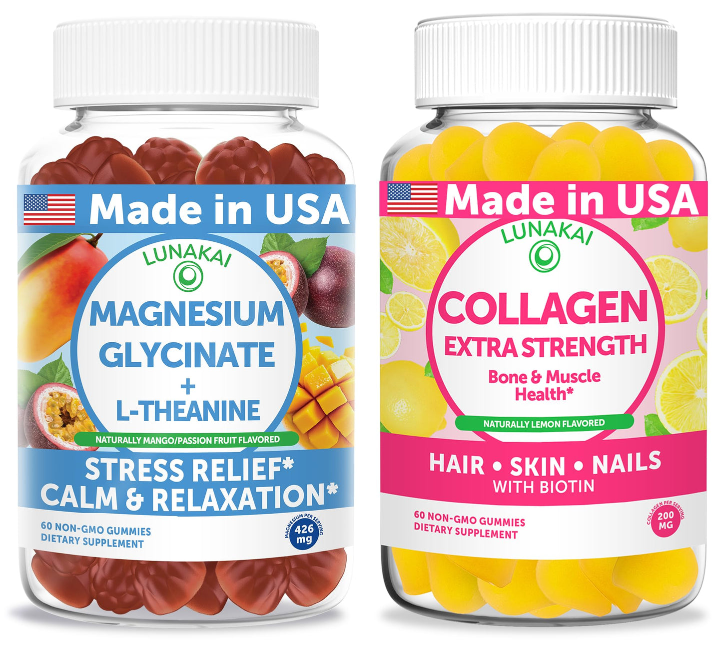 Lunakai Magnesium Glycinate with L-Theanine + Collagen Gummies Bundle – Extra Strength, 120 Gummies