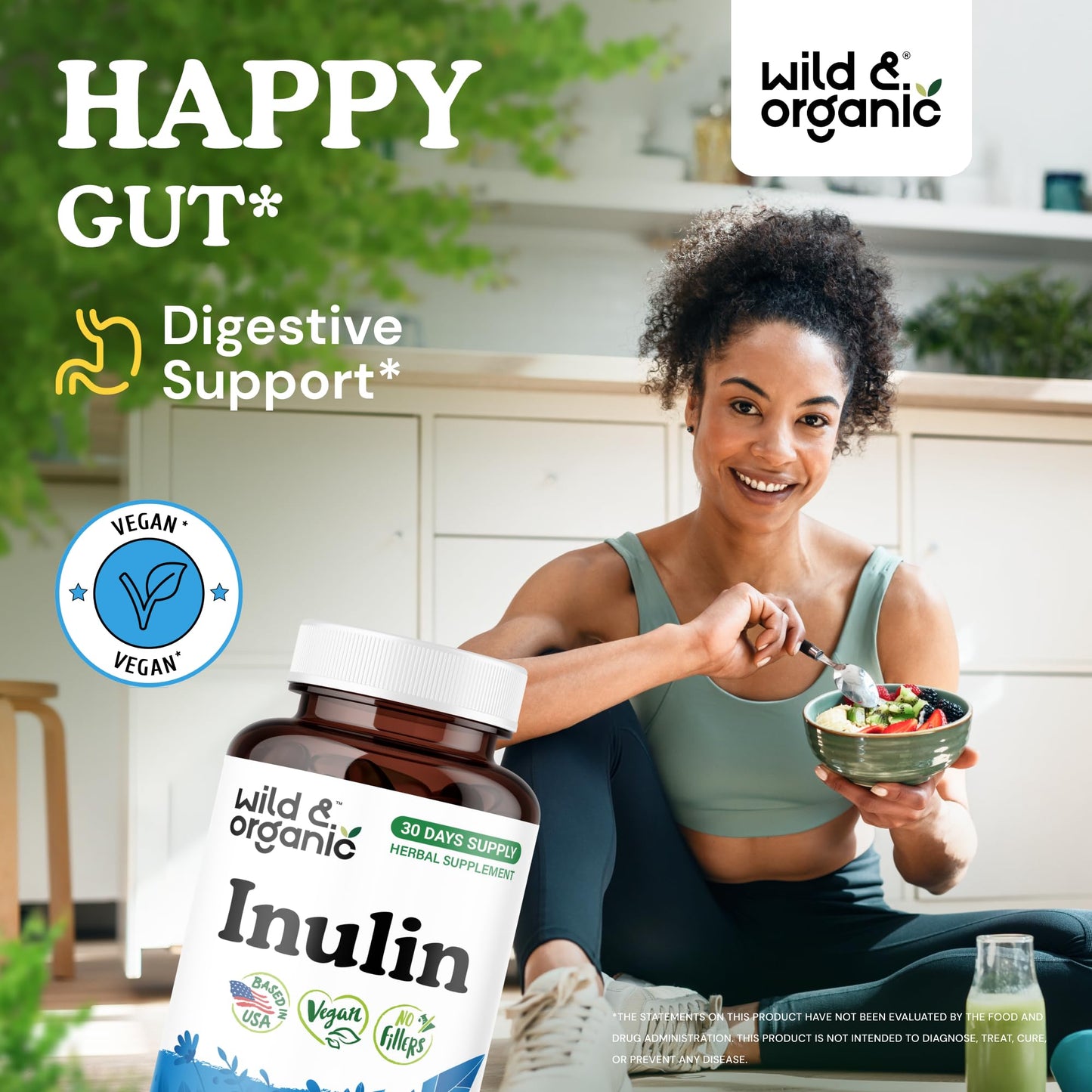 Wild & Organic Inulin Capsules 1400 mg, Digestive & Gut Support, Chicory Root Derived, Vegan, No Fillers, Non-GMO, 120 Count
