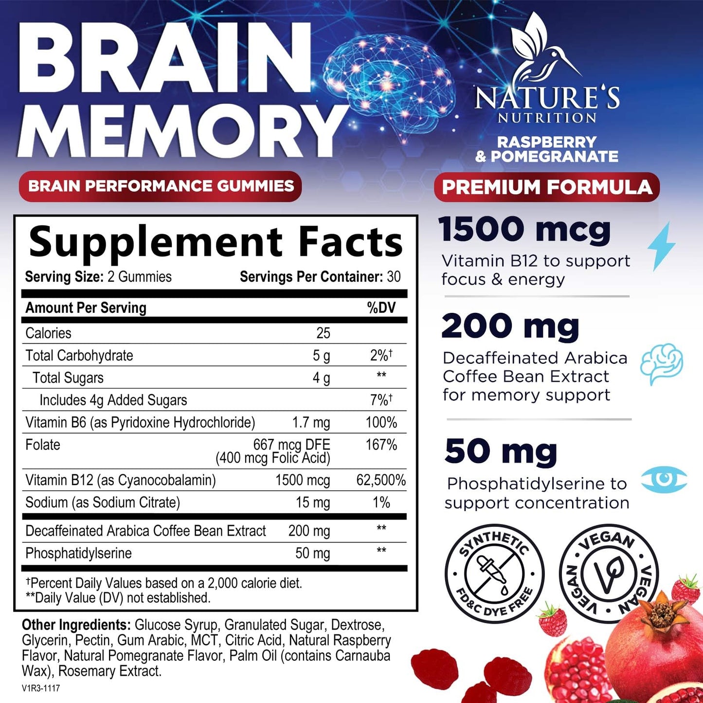 Nature's Nutrition Brain Supplements for Memory & Focus Gummies, 60 Count