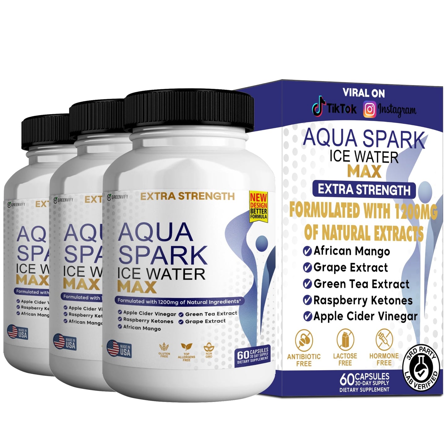 GREENVIFY Aqua Spark Ice Water Max Extra Strength Weight Management Supplement, 180 Capsules