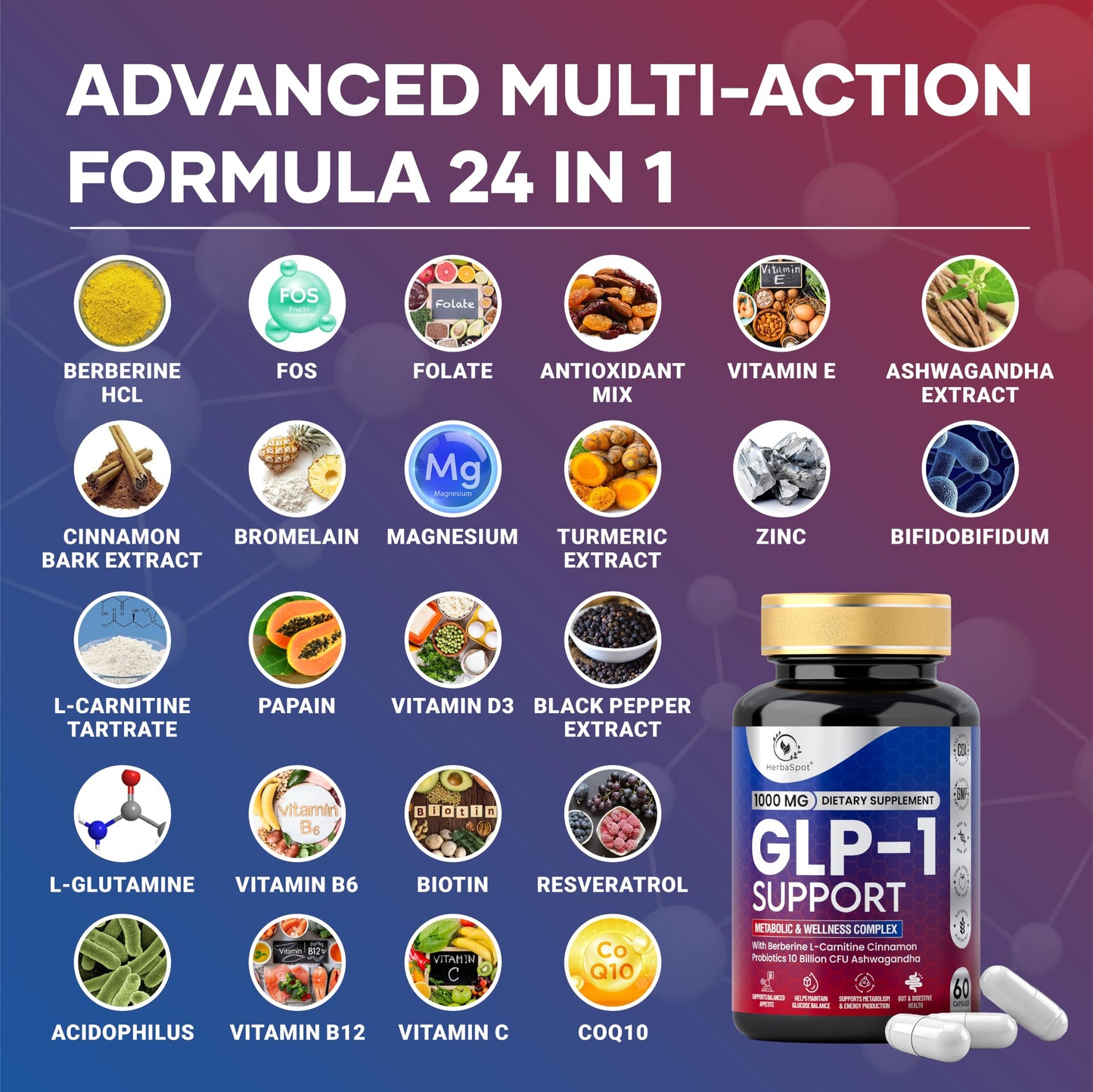 HerbaSpot 24-in-1 GLP-1 Supplement 1000 mg Berberine & Ashwagandha Capsule, 60 Count
