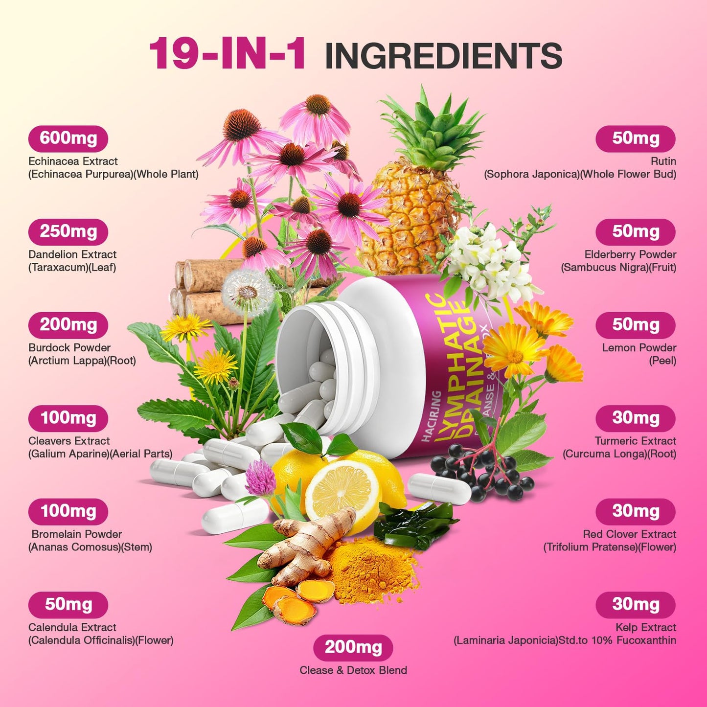 HACIRJNG Lymphatic Drainage Capsules 19-in-1 Formula, 90 Count