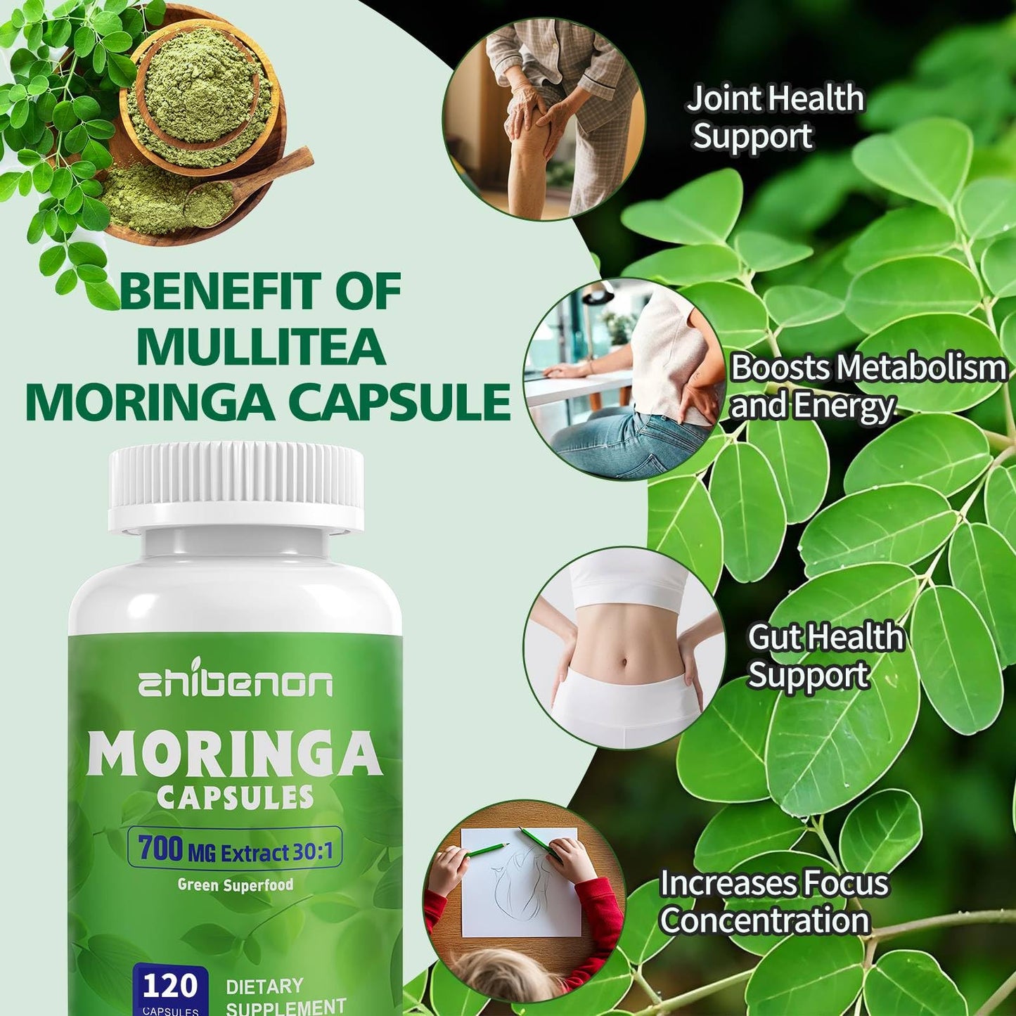 Zhibenon Moringa Oleifera Extract 700mg Capsules 120 Count