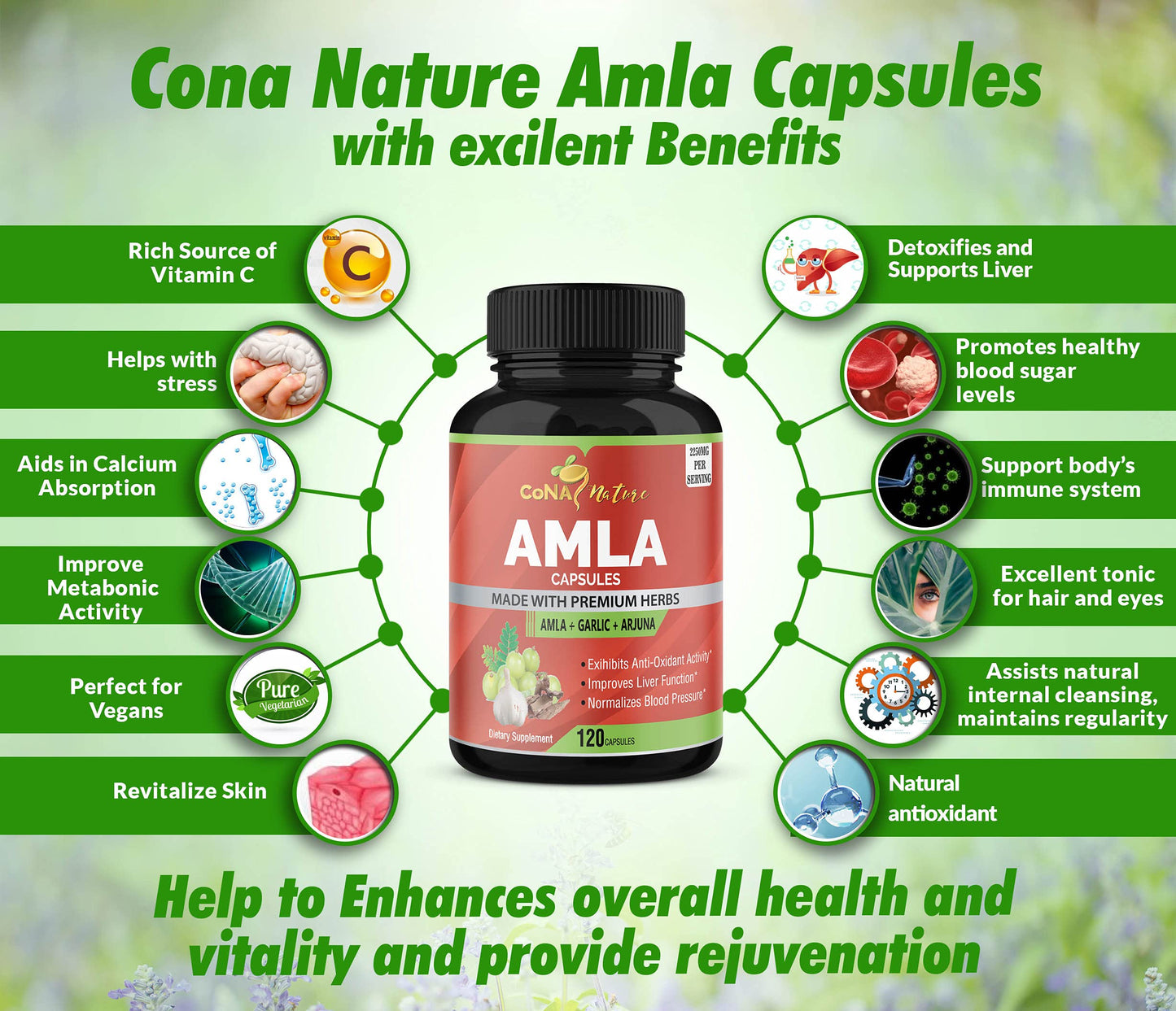 Cona Nature Organic Amla 2250mg with Arjuna & Garlic Capsules 120 Count