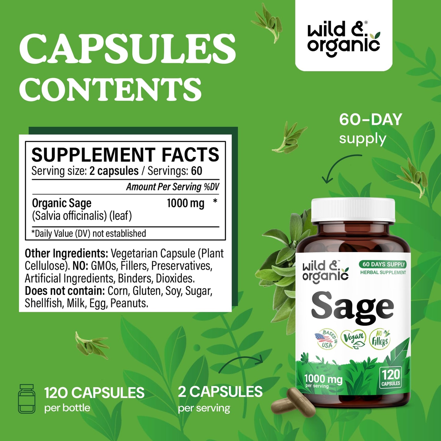 Wild & Organic Sage Capsules 1000 mg 120 Count