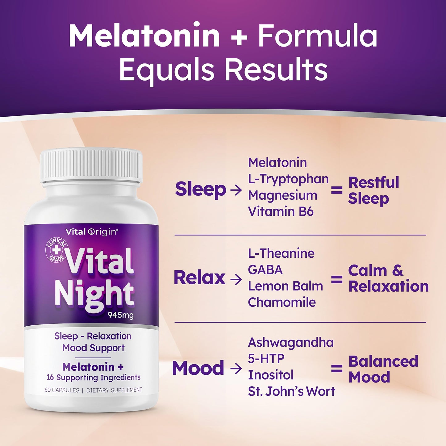Vital Origin Vital Night Natural Sleep Aid for Adults - Sleep, Relaxation & Mood Support, 60 Capsules