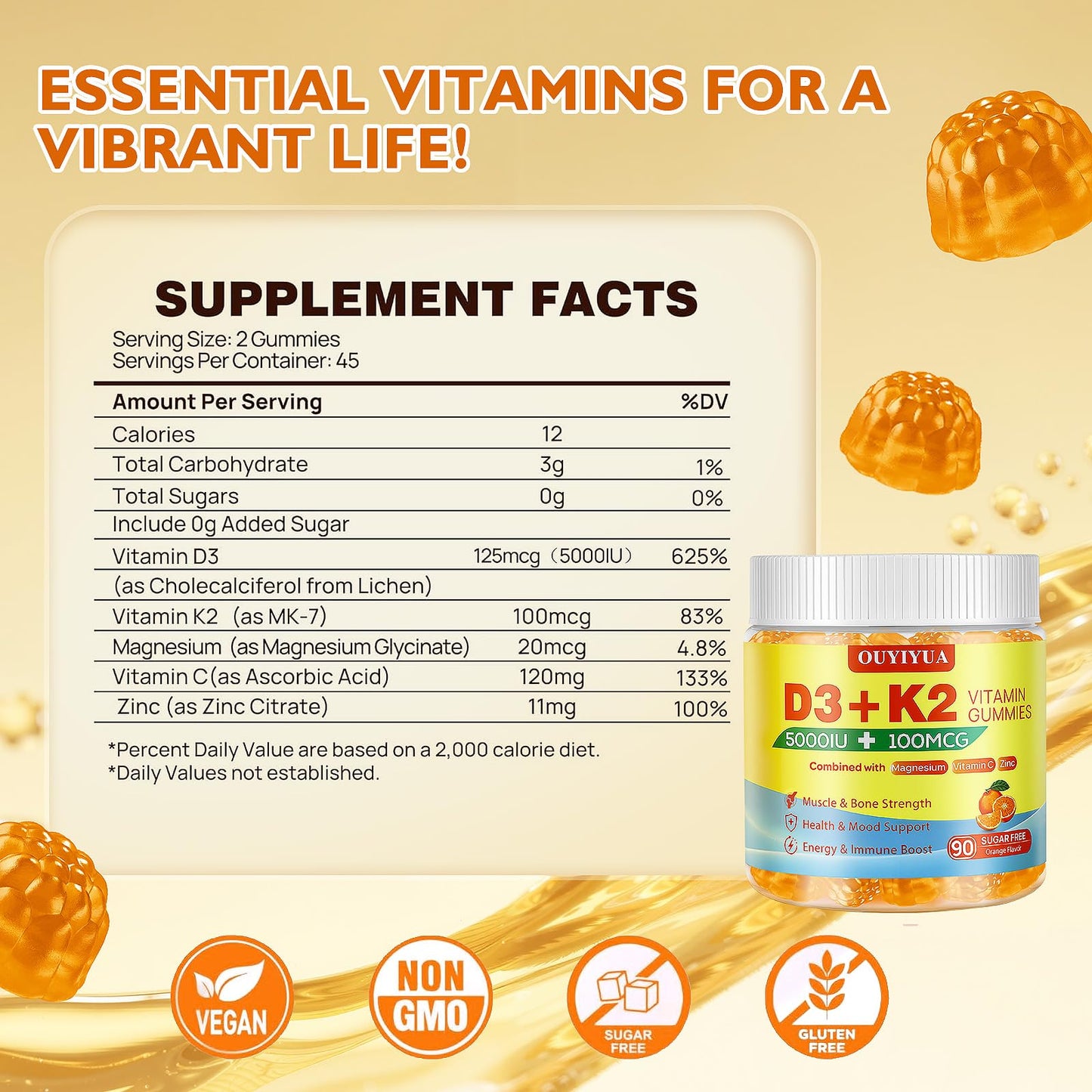 OUYIYUA Vitamin D3 K2 Gummies, 5000IU + 100mcg, 90 Count