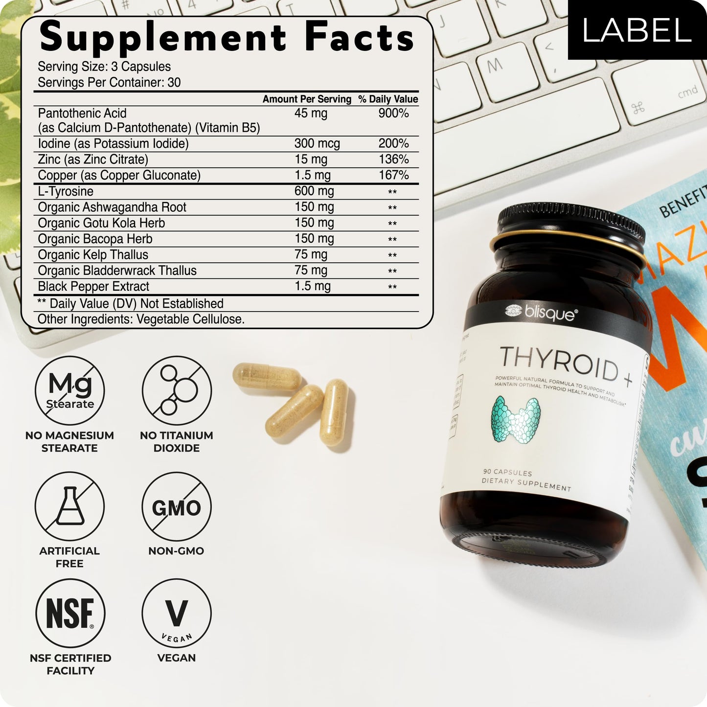 Blisque Thyroid Support Supplement Complex Capsules, 90 Capsules