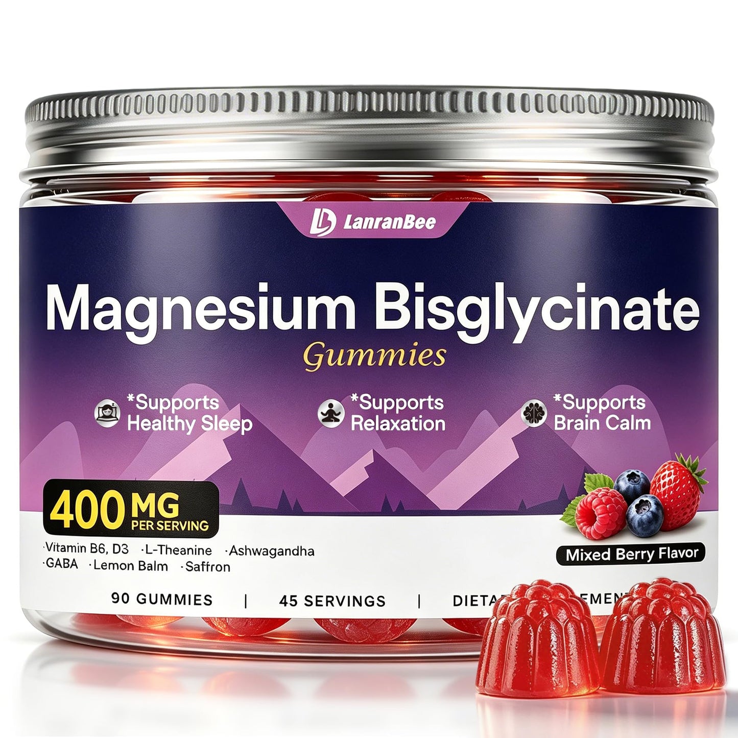 LanranBee Magnesium Bisglycinate Gummies 400mg Chelated Magnesium Supplement, 90 Gummies