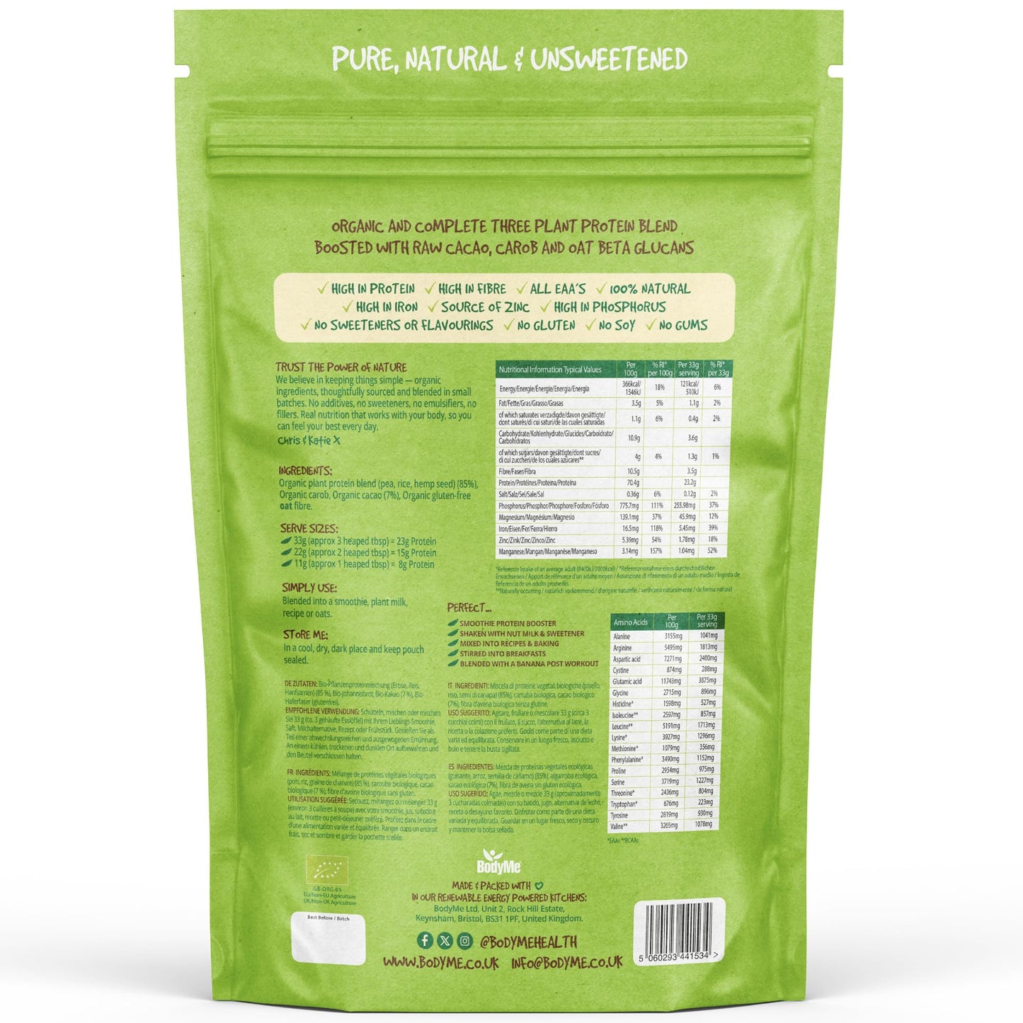 BodyMe Organic Vegan Protein Powder Blend, 35.274 oz