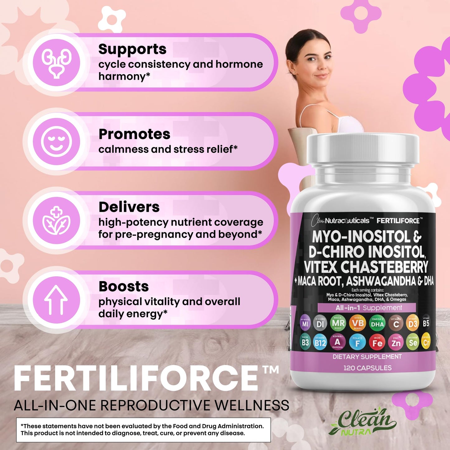 Clean Nutraceuticals Myo-Inositol & D-Chiro Inositol 2050mg Fertility Supplement 40:1 Ratio - Prenatal Vitamins for Women with Ashwagandha Maca Root Vitex Chasteberry Iron DHA Folic Acid DIM Zinc, Capsules, 120 Count