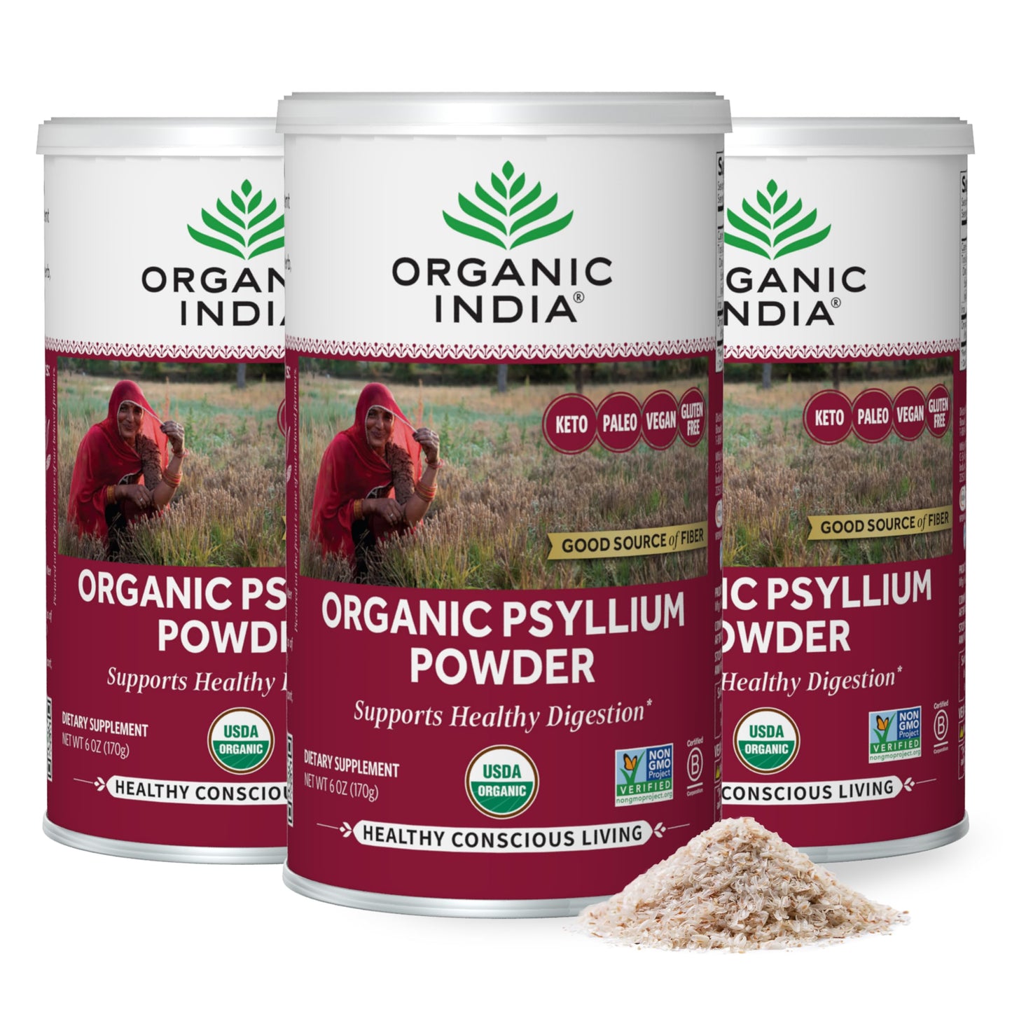 ORGANIC INDIA Psyllium Powder - Fine Grain Psyllium Supplement, Digestion Support, Vegan, Gluten-Free, Non-GMO, Source of Fiber, 18 oz