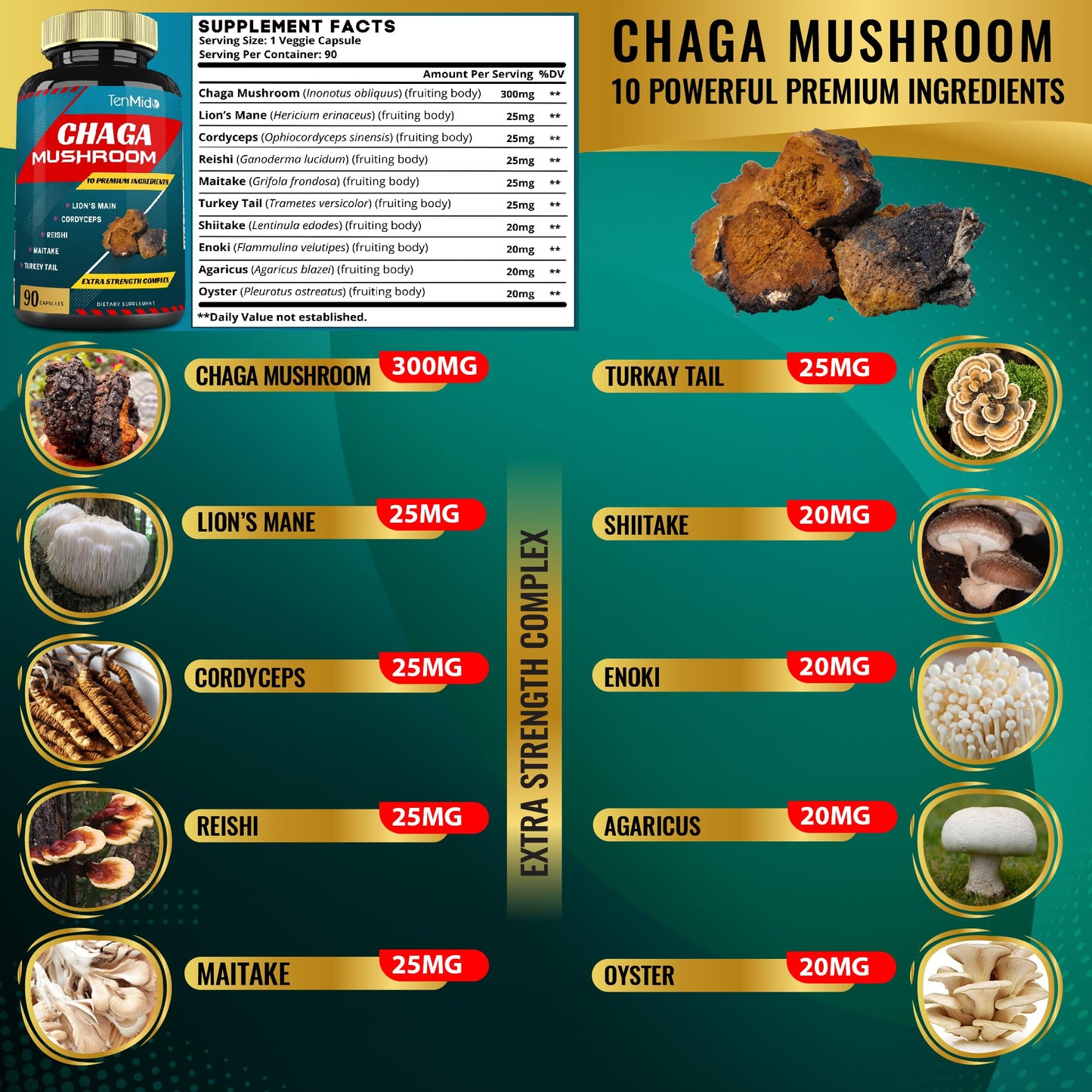 Tenmido Chaga Mushroom Extract Capsules with Lions Mane, Cordyceps and More, 90 Count