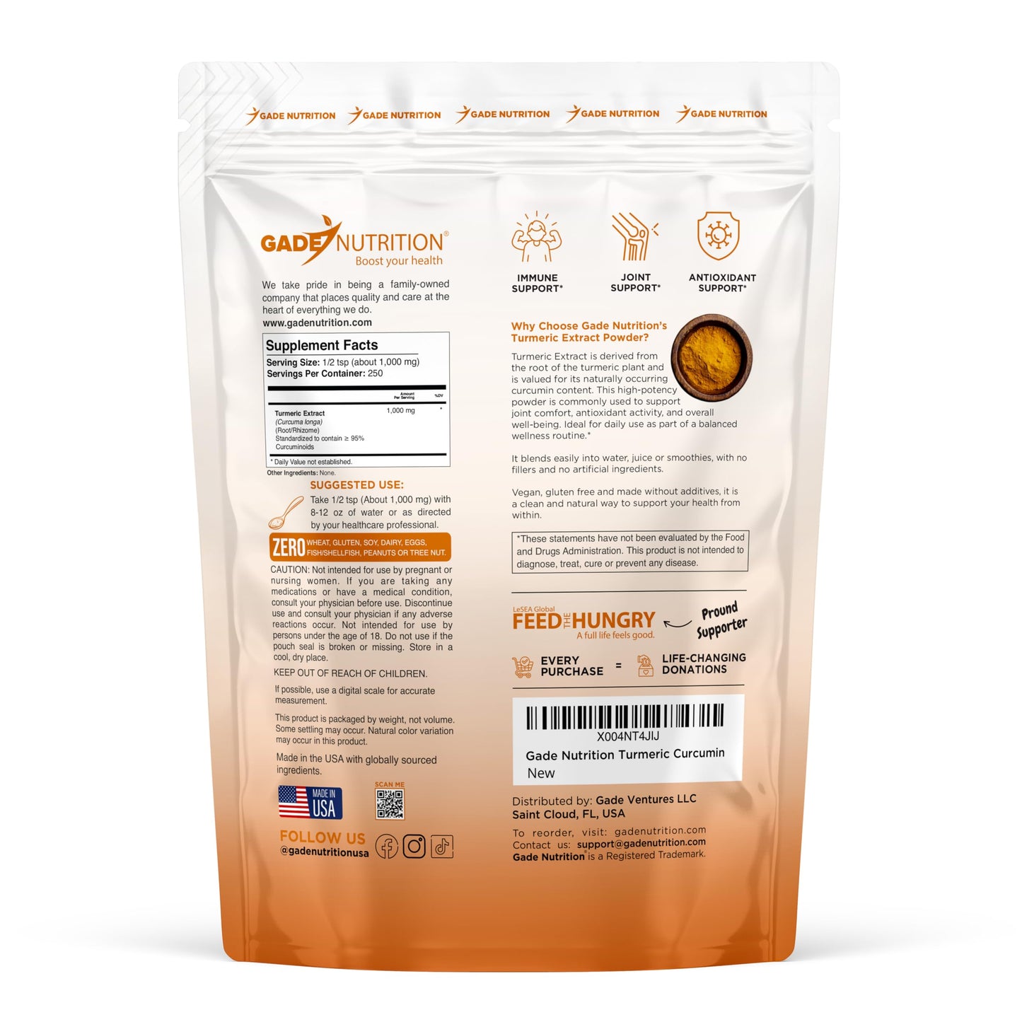 Gade Nutrition Turmeric Extract Powder 95% Curcuminoids from Curcuma Longa Root, 8.8 oz