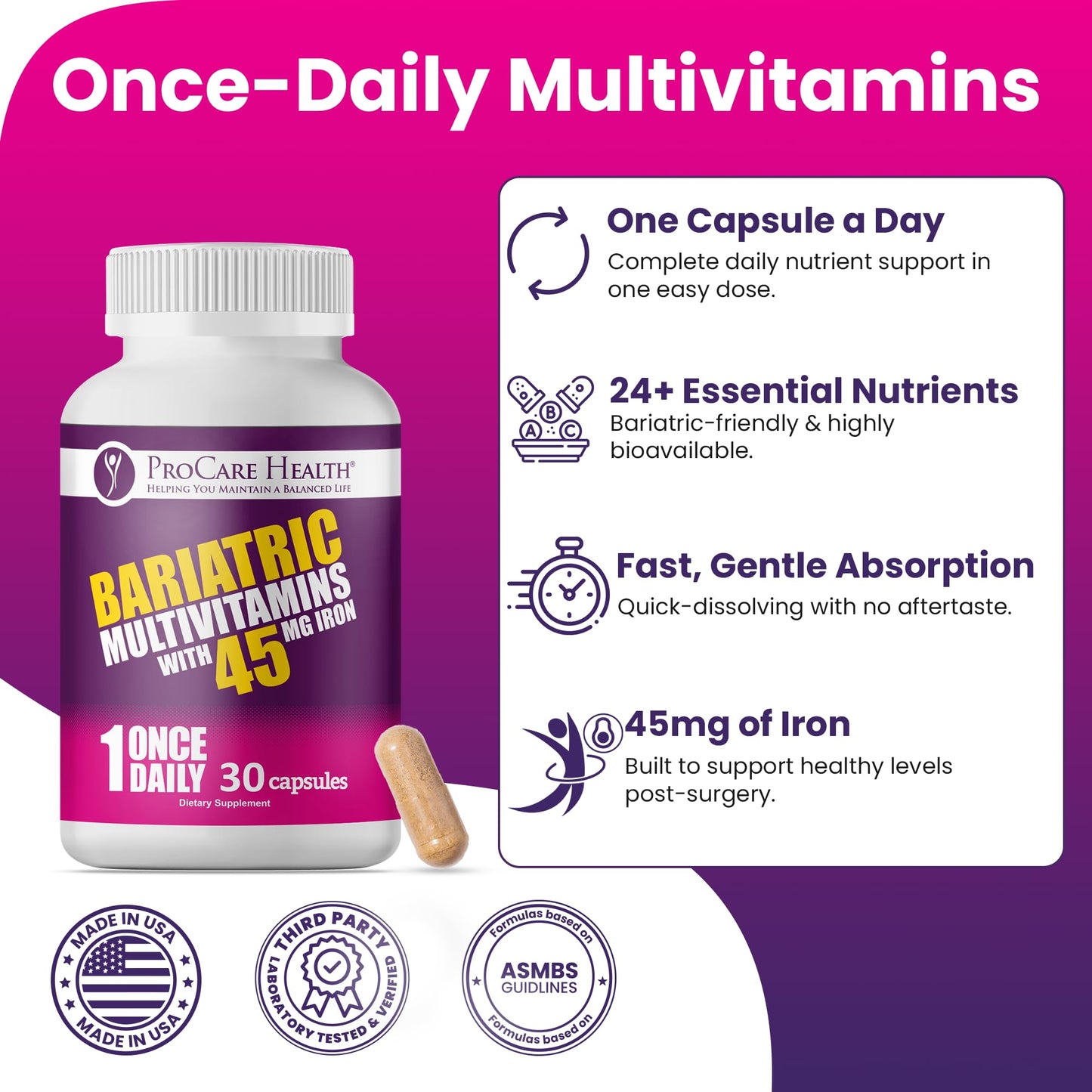 ProCare Health Bariatric Multivitamin with 45mg Iron, 30 Capsules