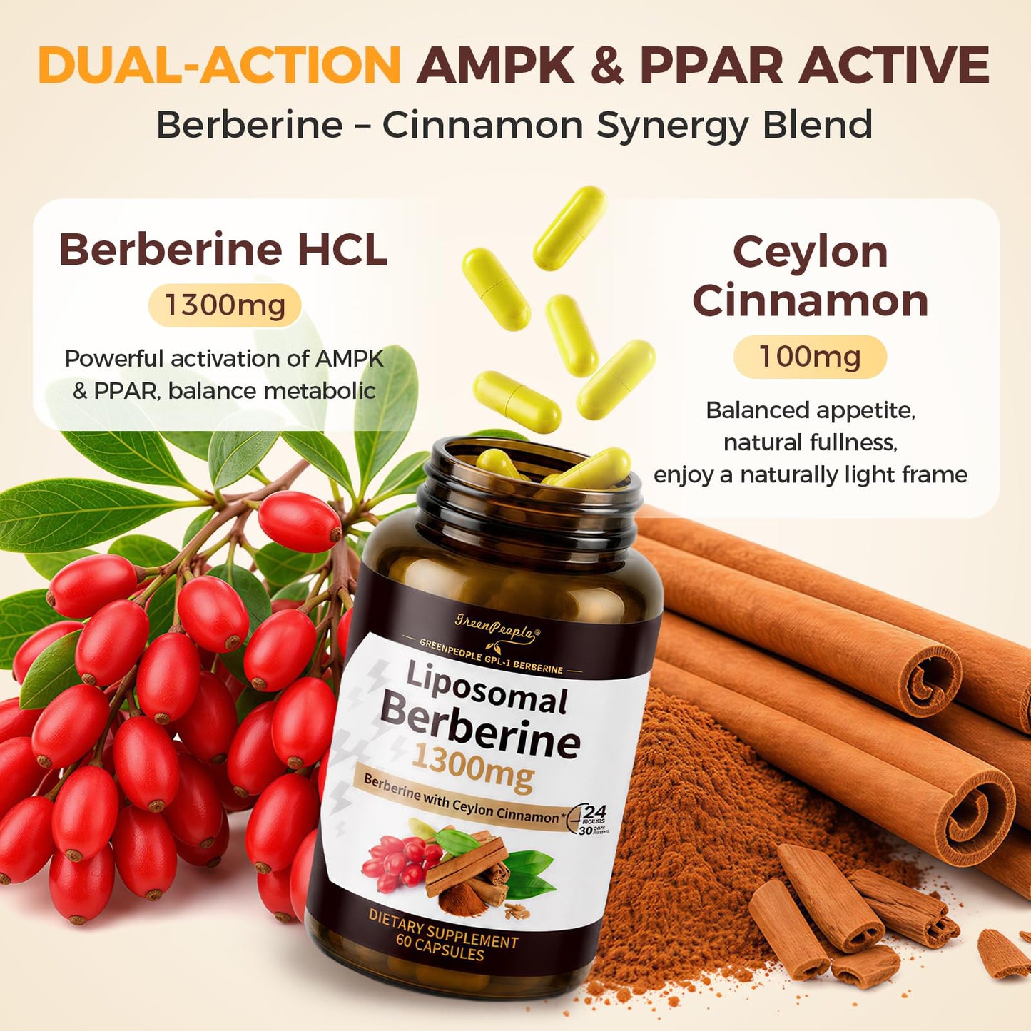 GREENPEOPLE Liposomal Berberine Supplement with Ceylon Cinnamon 60 Veg Capsules