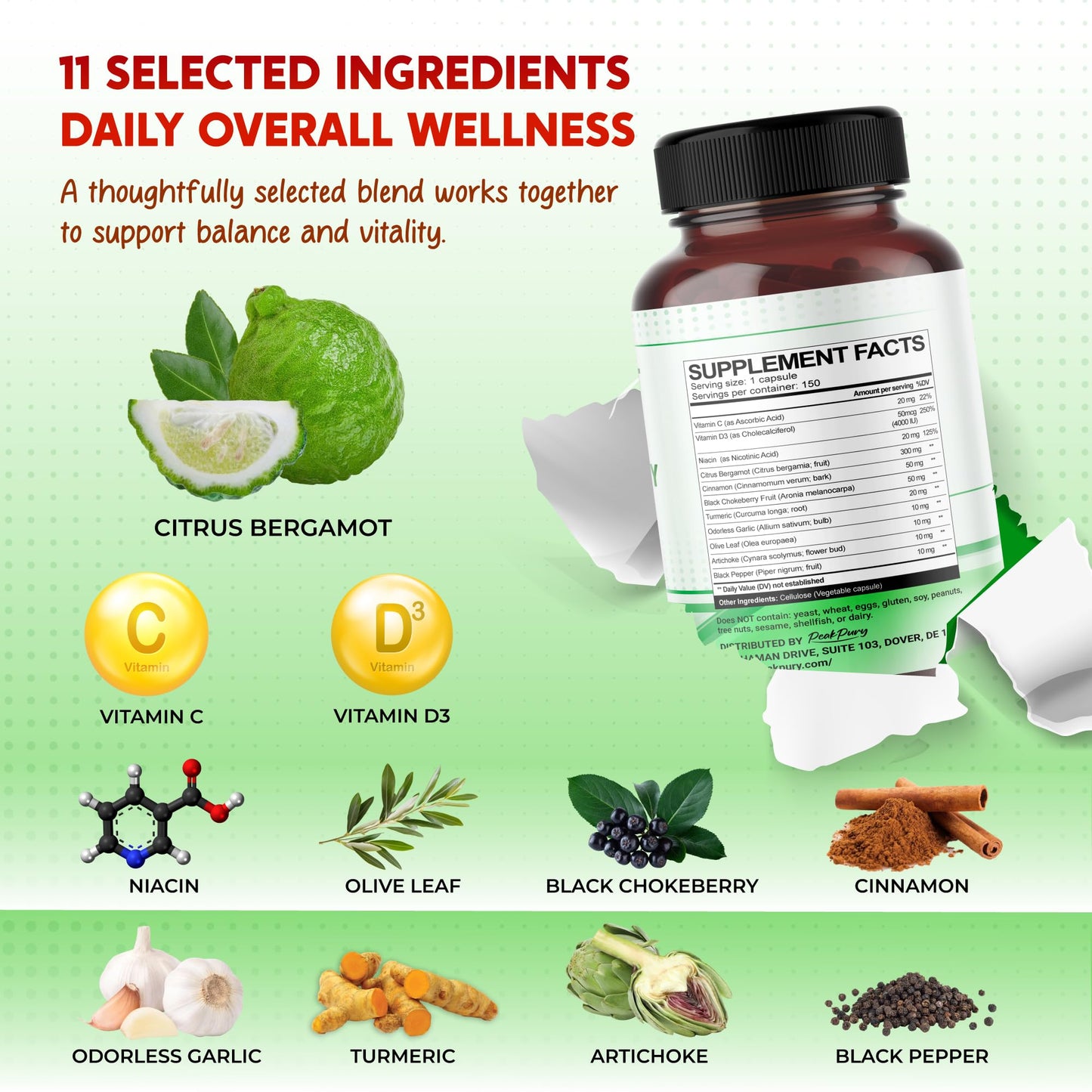 PEAKPURY Citrus Bergamot Cinnamon Black Chokeberry Turmeric Capsule, 150 Count