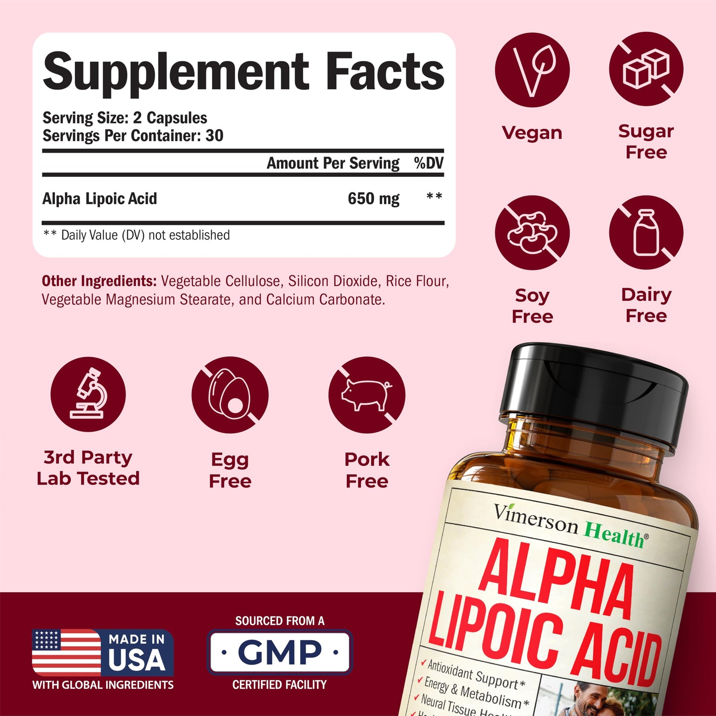 Vimerson Health Alpha Lipoic Acid 650mg ALA Supplement for Nerve and Brain Health, Antioxidant Support and Healthy Aging, 60 Capsules