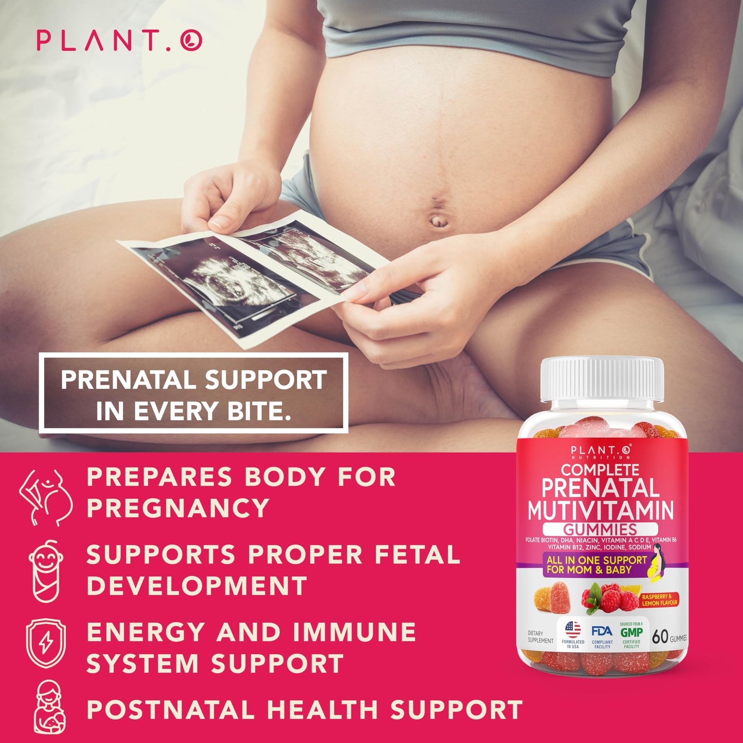 PLANT.O NUTRITION Prenatal Gummies for Women with DHA, Folate, Vitamins B C D, 60 Count
