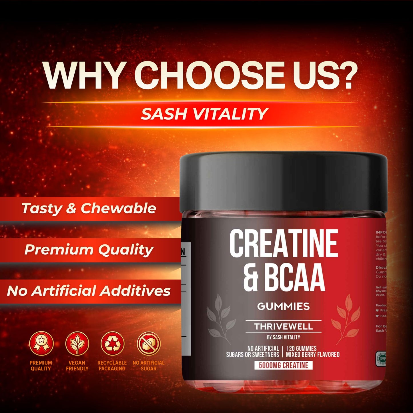SASH Vitality Creatine Monohydrate Gummies 5000mg with 1000mg BCAAs, Vegan & Sugar Free, Mixed Berry Flavour, 120 Gummies