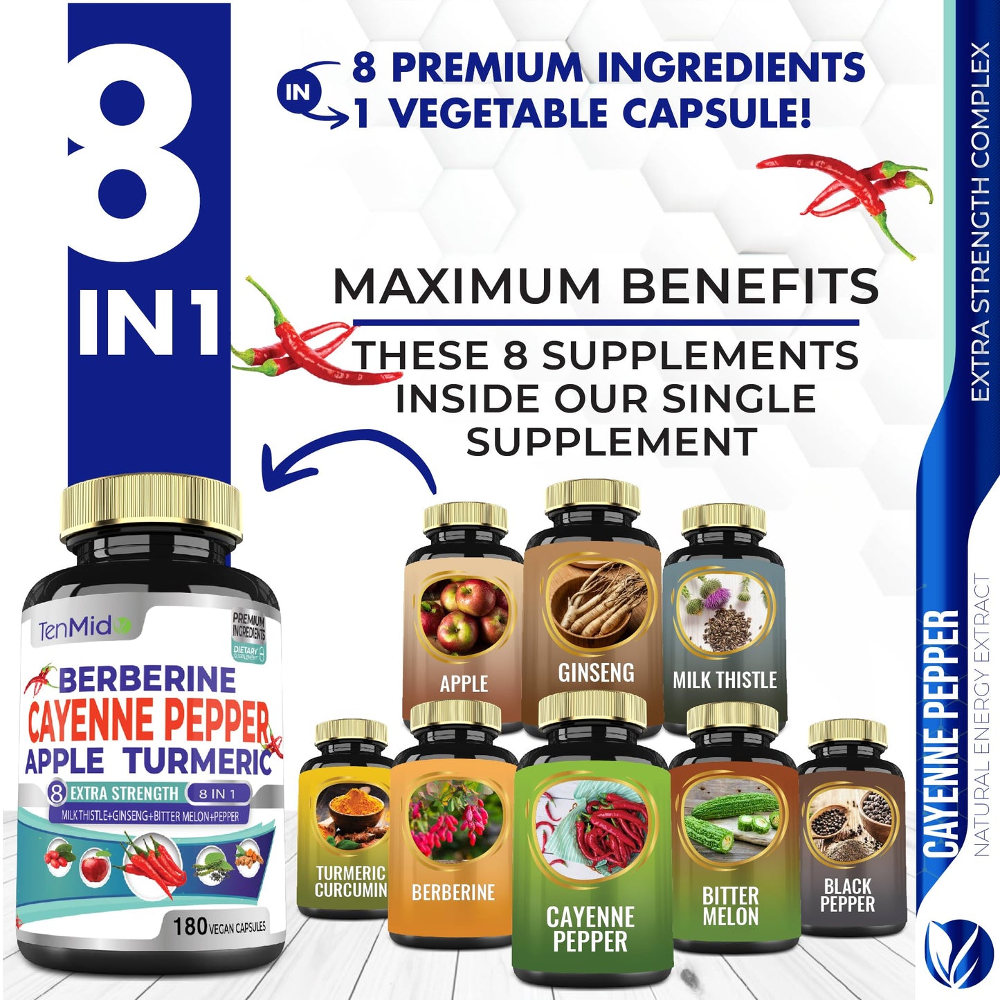 Tenmido Cayenne Pepper Supplements Extract Capsules 180 Count