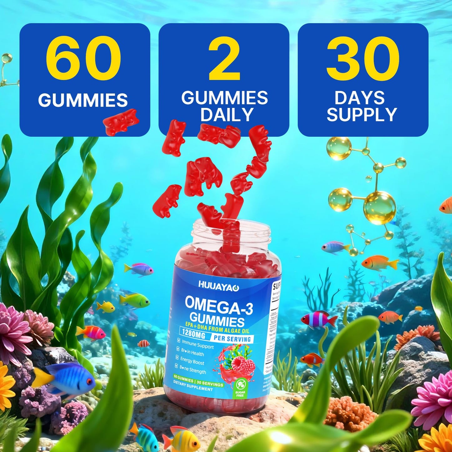 HUUAYAO Vegan Omega-3 Gummies Gummy 60 Count