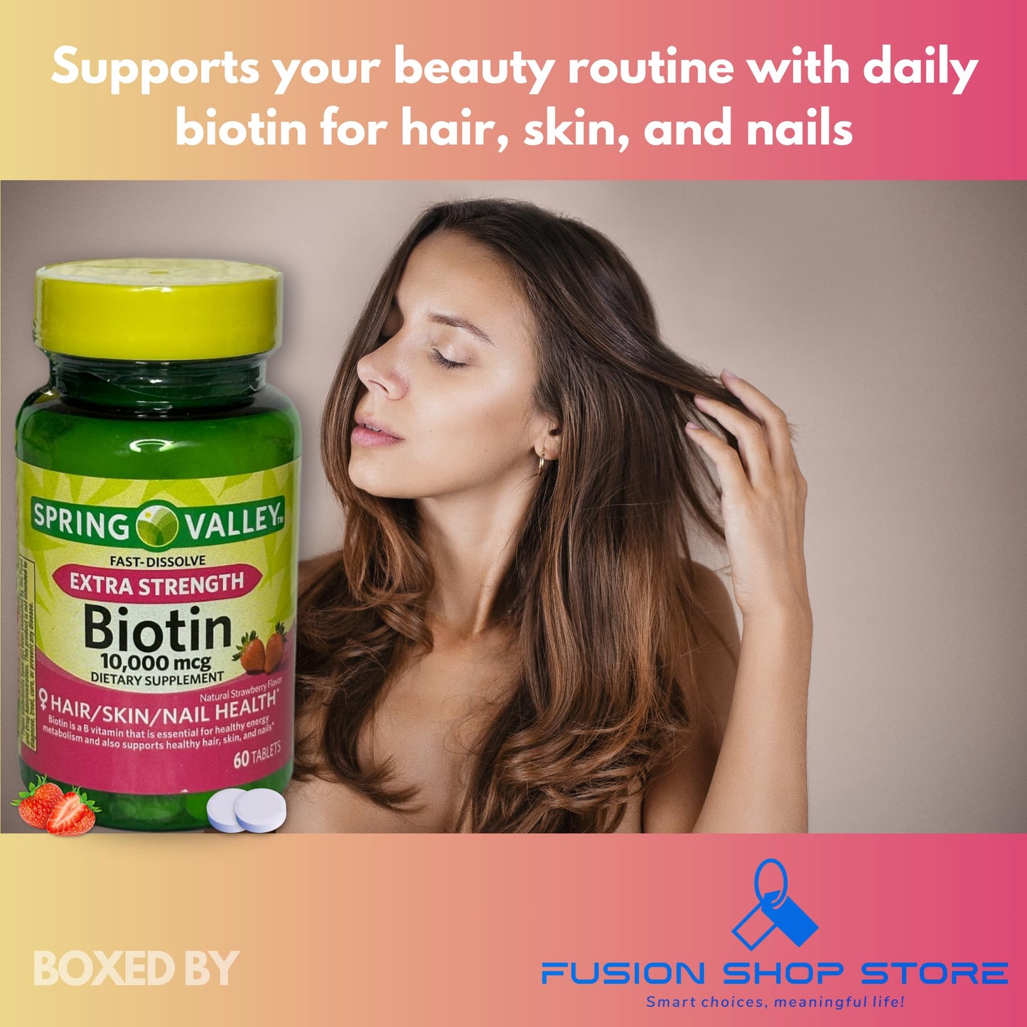 FUSION SHOP STORE Biotin 10000mcg Fast Dissolve Natural Strawberry Flavor, Hair Skin and Nails, 60 Tablets