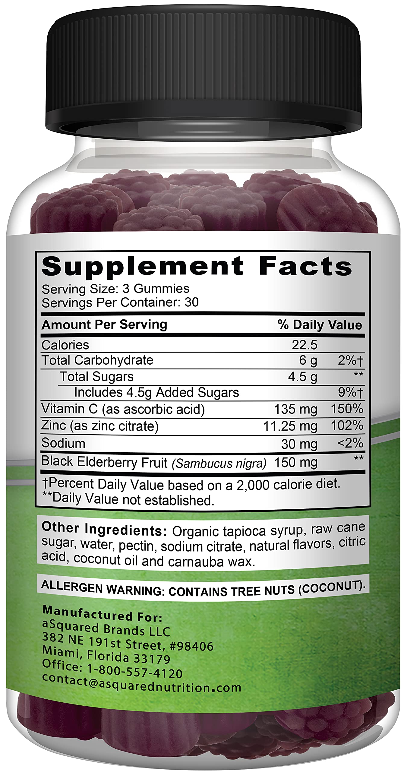aSquared Nutrition Sambucus Elderberry Gummies with Zinc and Vitamin C Gummy 90 Count