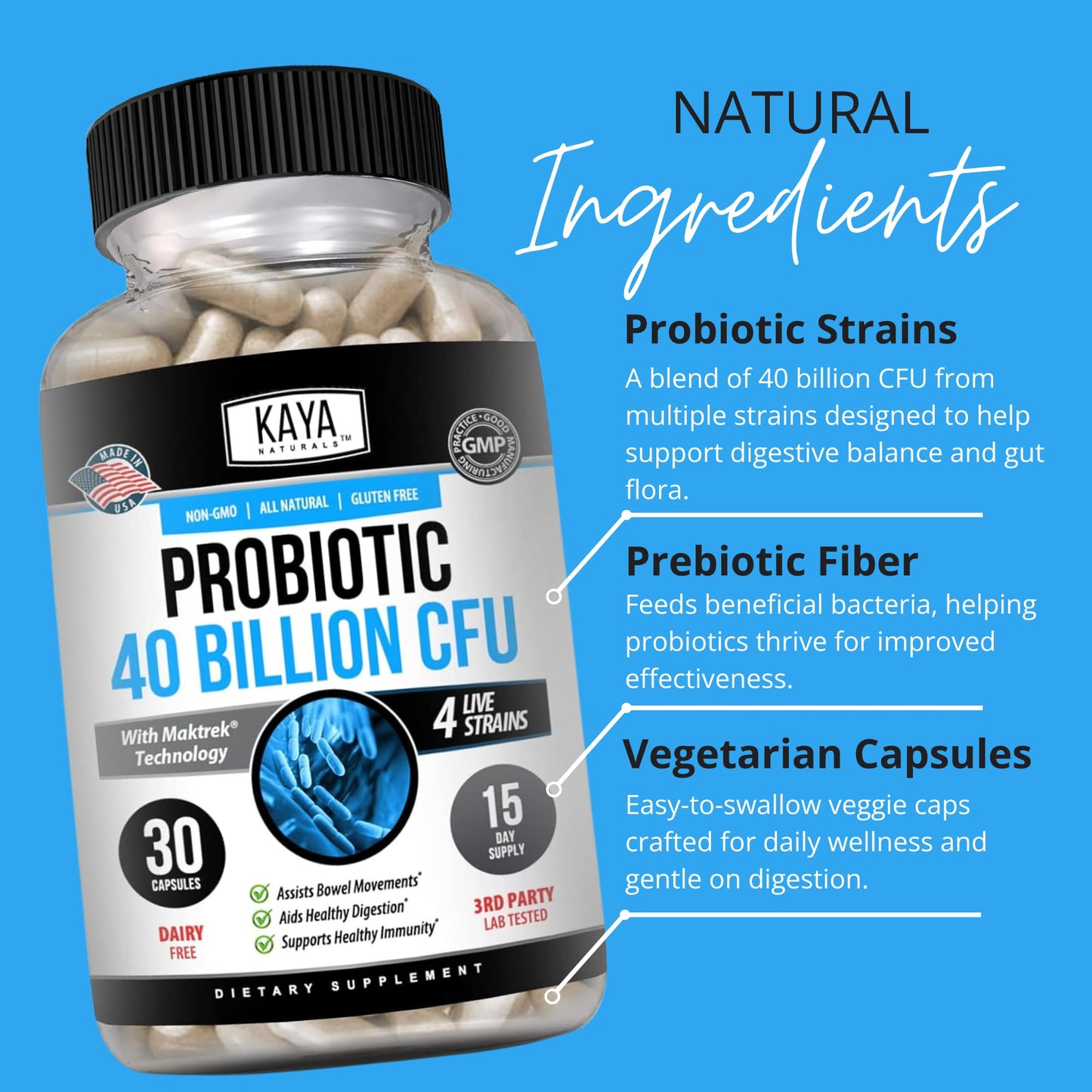 Kaya Naturals Probiotic 40 Billion CFU Capsules, 30 Count