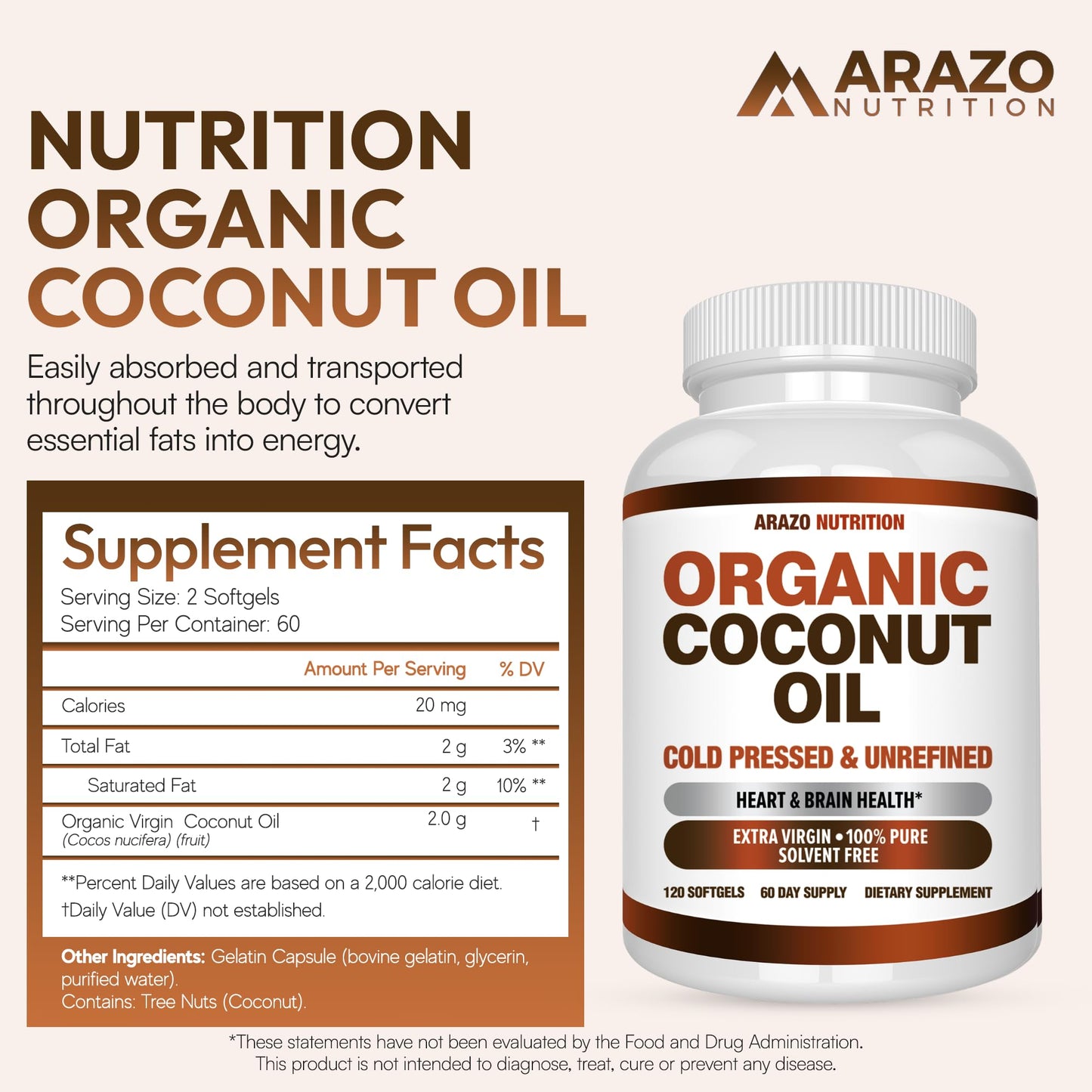 Arazo Nutrition Organic Coconut Oil 2000 mg Per Serving Soft Gel 120