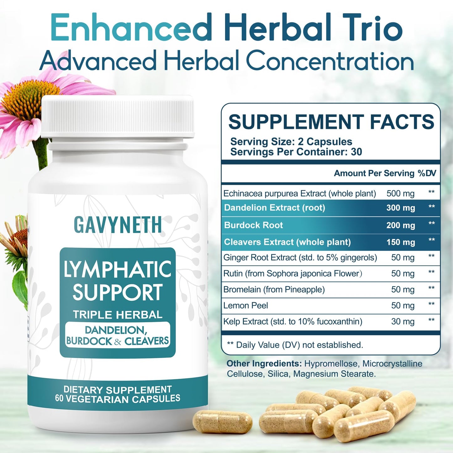 GAVYNETH Lymphatic Drainage Supplements for Lymph System Support with Echinacea, Dandelion & Burdock for Immune & Circulation Support, Vegan Herbal Formula for Women & Men, 60 Capsules