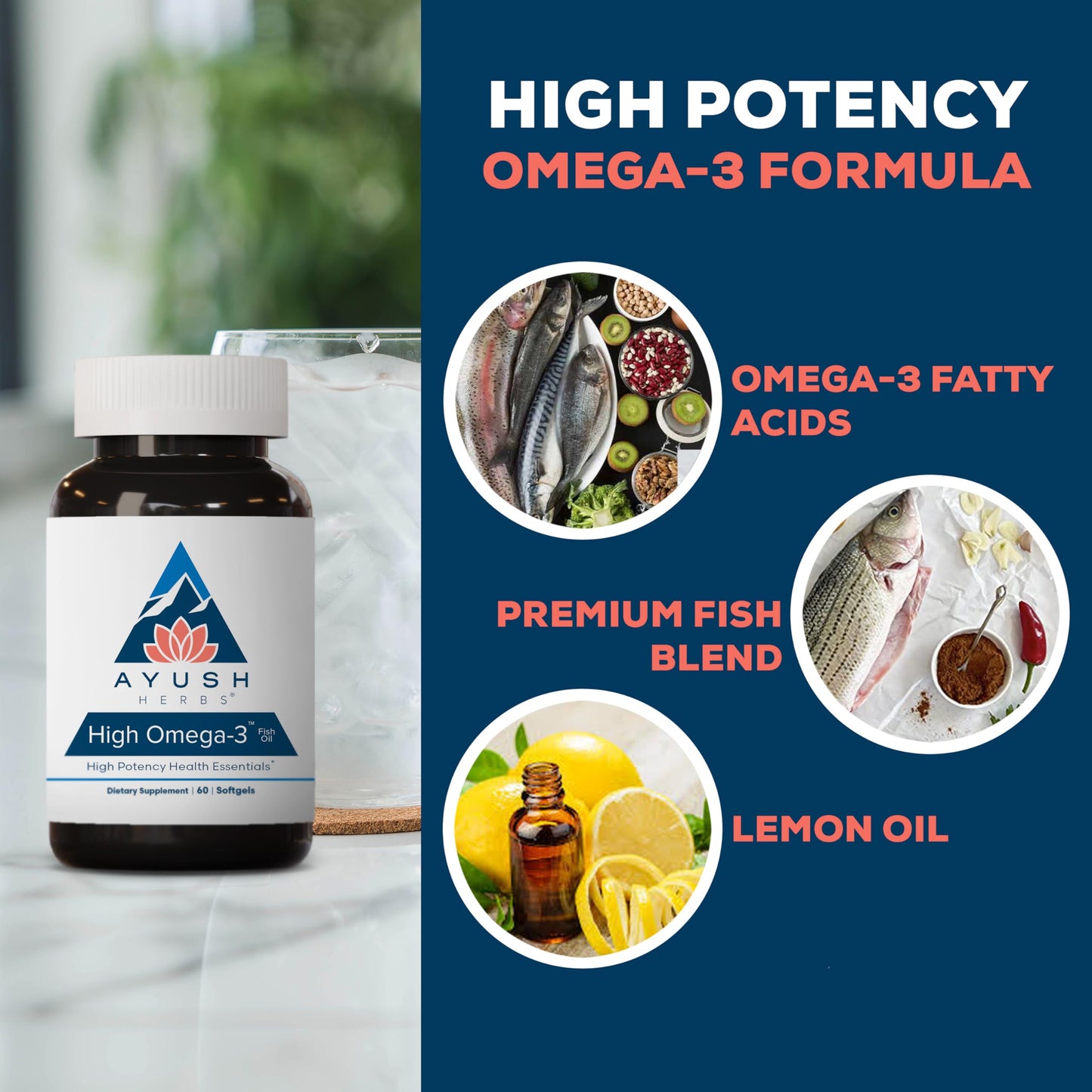 Ayush Herbs High Omega 3 Omega-3 Fish Oil Capsule, 60 Count