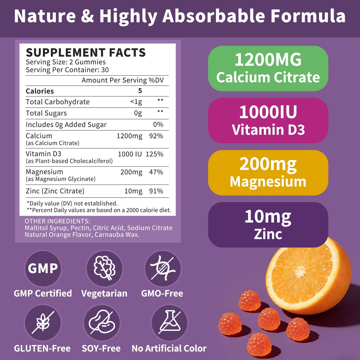 Hudetex Calcium Citrate 1200 mg Gummies for Women Men with Calcium Magnesium Zinc Vitamin D3, 120 Gummies