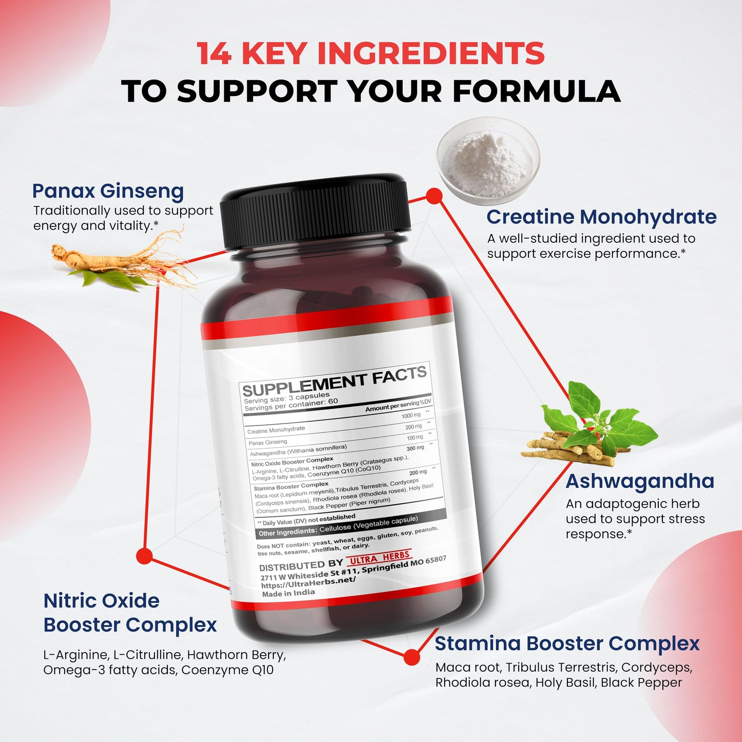 ULTRA HERBS Creatine Monohydrate Capsules, 180 Count