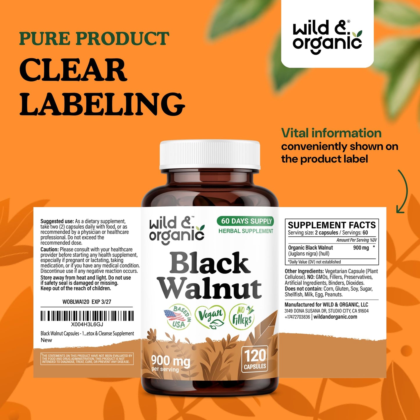 Wild & Organic Black Walnut Hull 900 mg Capsules 120 Count