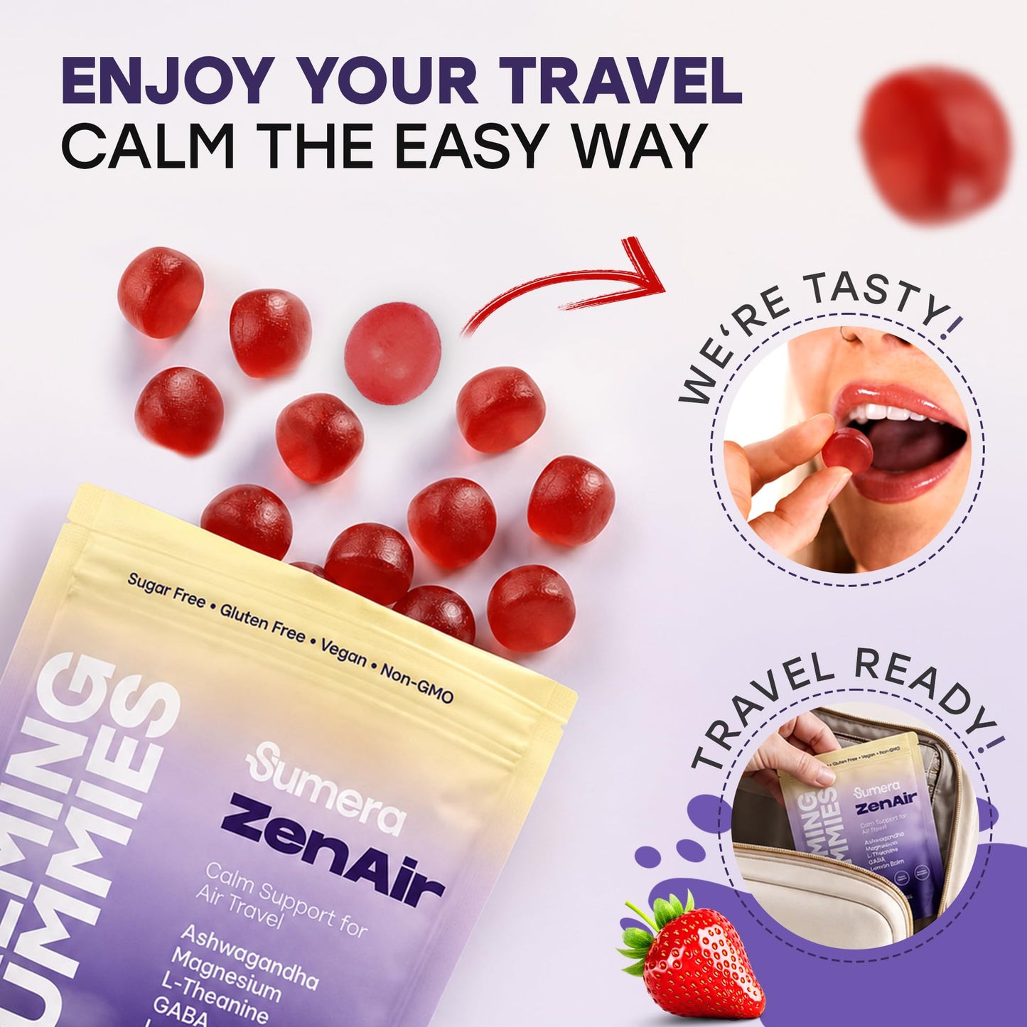Sumera Calming Travel Gummies Jet Lag Relief, GABA, L-Theanine, Ashwagandha, Lemon Balm & Magnesium, Sugar Free, 30 Gummies