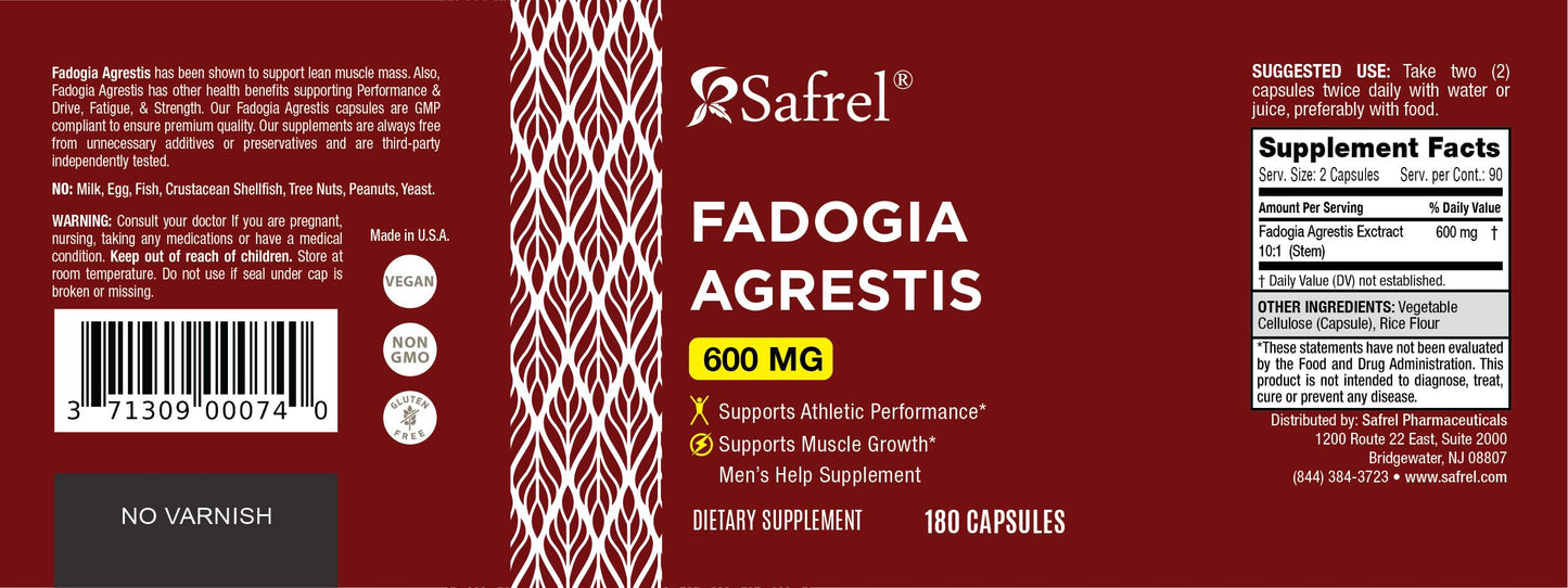 Safrel Fadogia Agrestis 600 mg Capsules, 180 Count