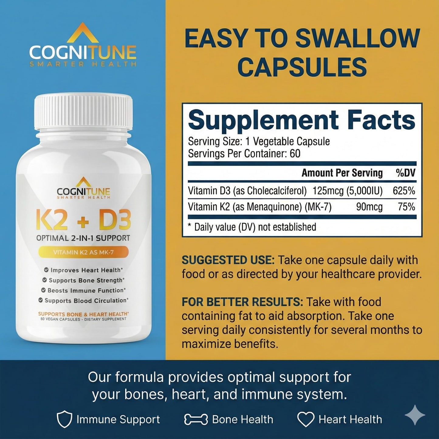 CogniTune Vitamin K2 (MK7) with D3 Supplement Capsules 60 Count