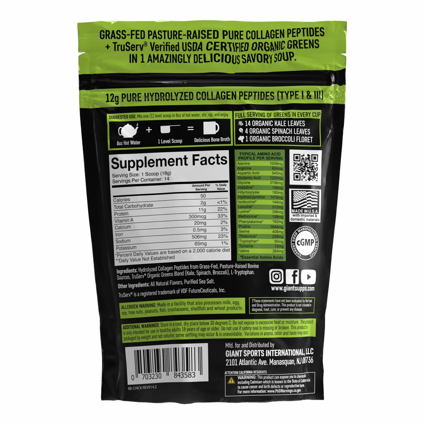 Giant Bone Broth Collagen Plus Greens Powder 8.89 Ounce