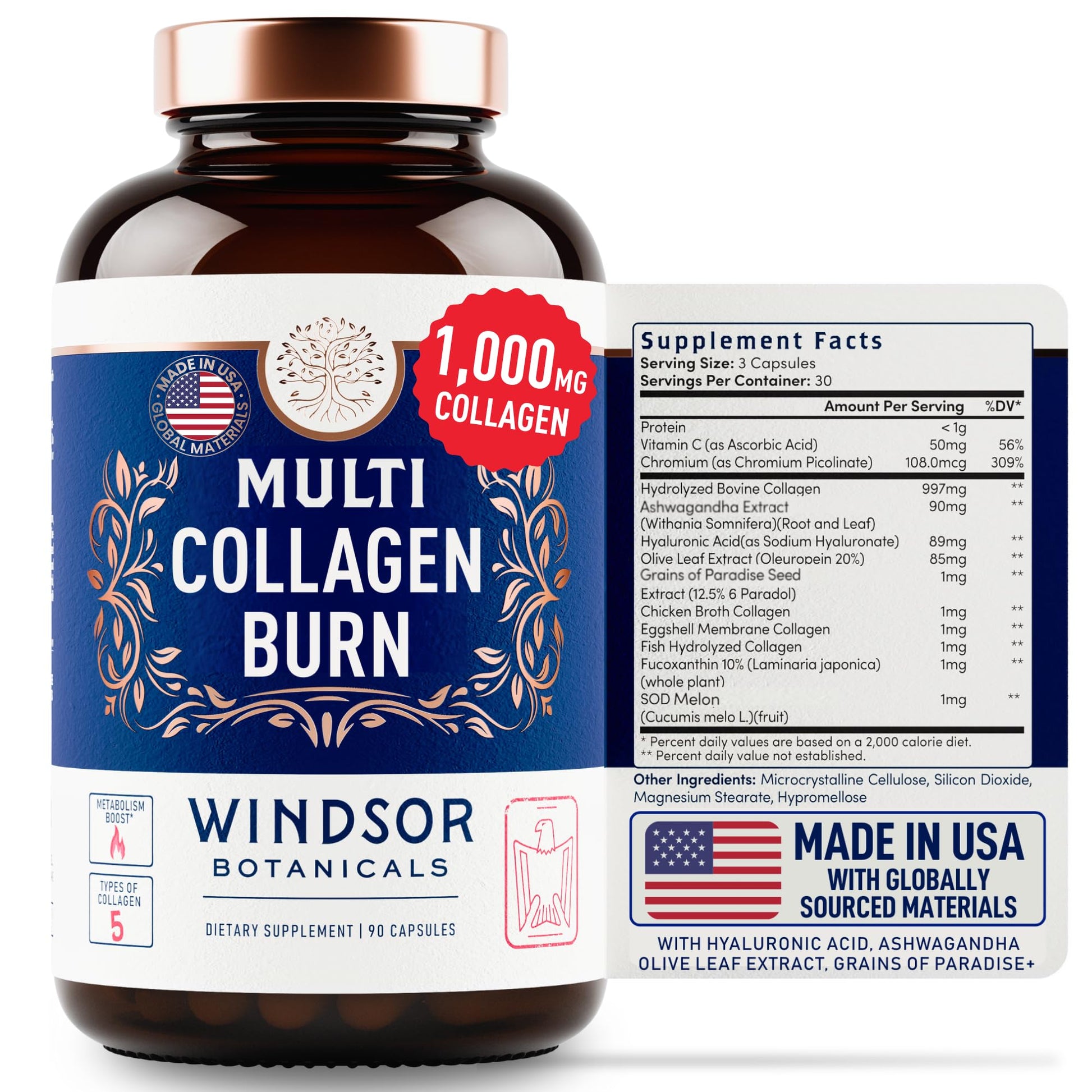 WINDSOR BOTANICALS Thermogenic Multi Collagen Burn Capsules, 90 Capsules