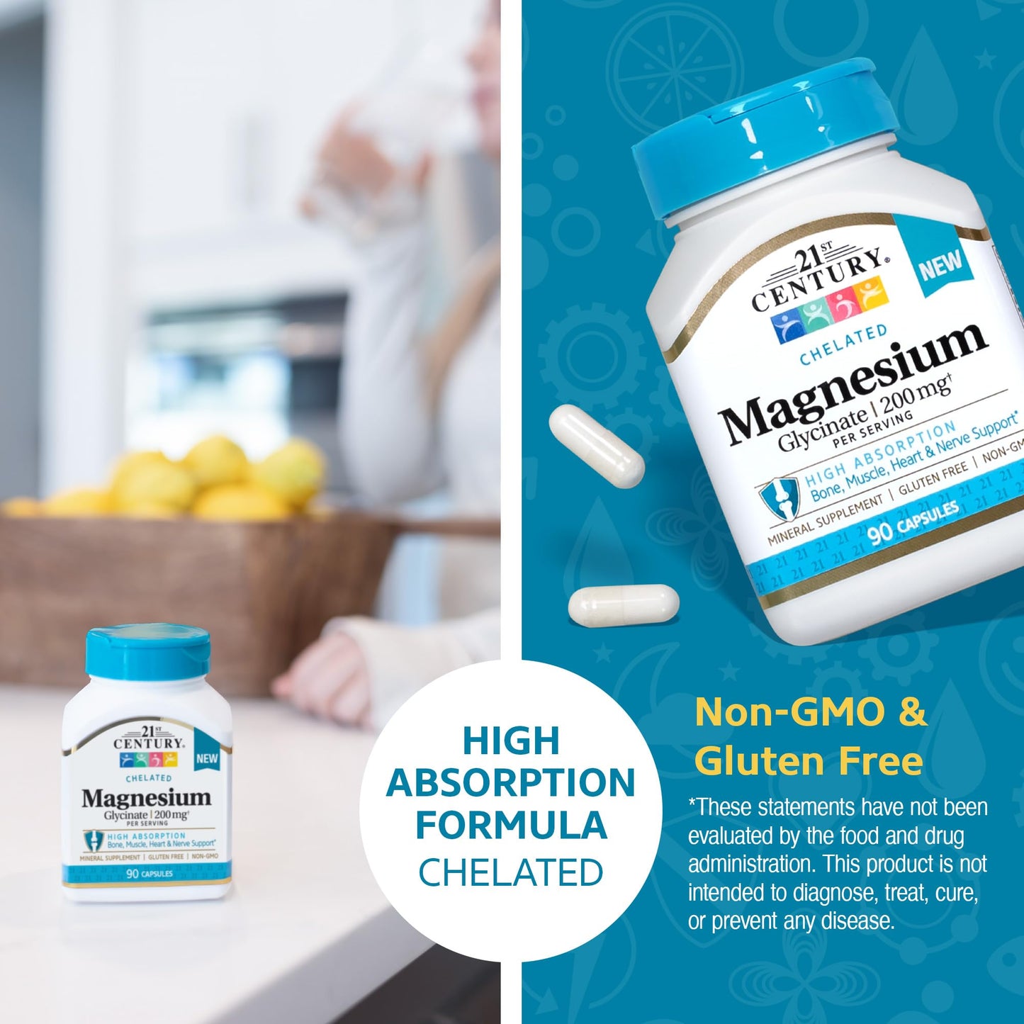21st Century Magnesium Glycinate 200 mg Capsules, 90 Count